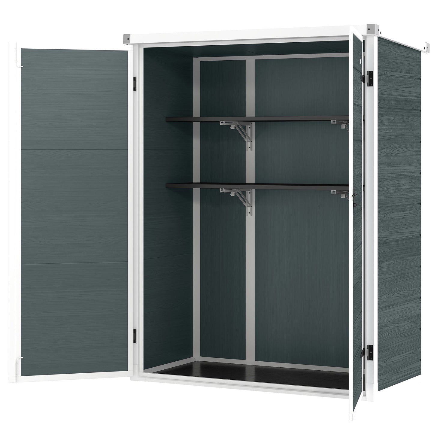 4.4' x 2.3' Plastic Garden Shed, Wood-Effect Outdoor Storage Shed with Floor, 2 Foldable Shelves and Lockable Double Doors for Backyard, Patio, Distressed Grey