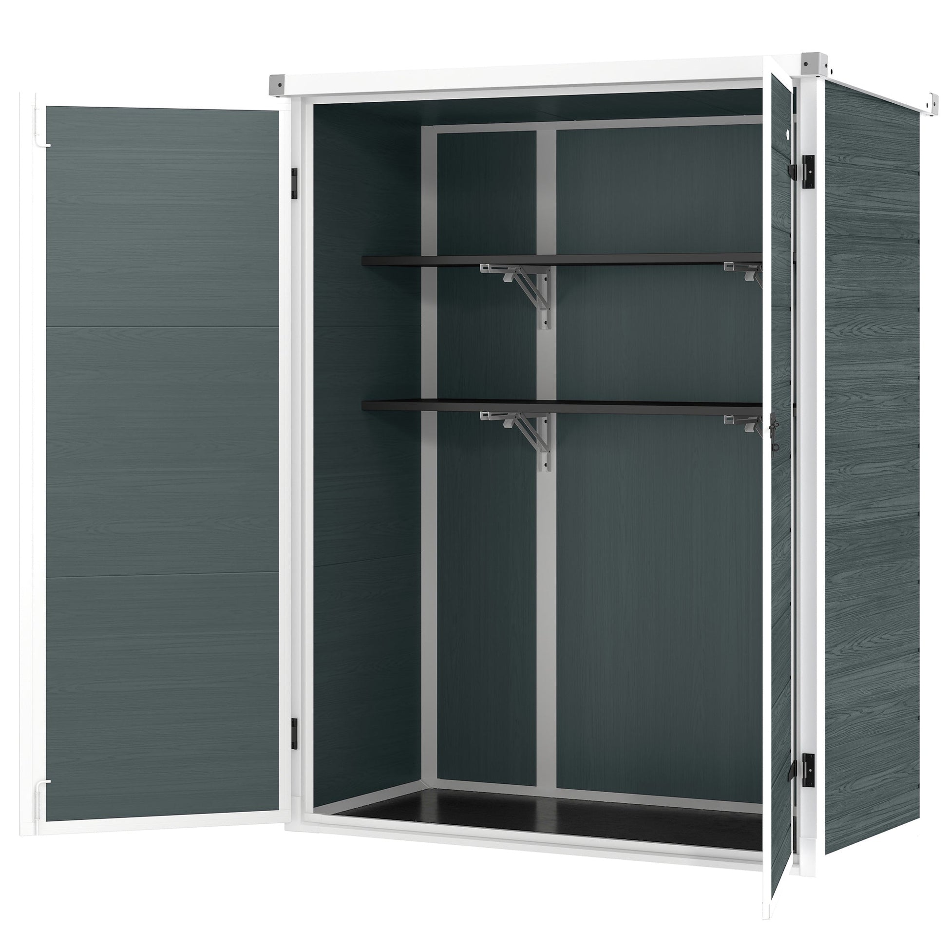 4.4' x 2.3' Plastic Garden Shed, Wood-Effect Outdoor Storage Shed with Floor, 2 Foldable Shelves and Lockable Double Doors for Backyard, Patio, Distressed Grey