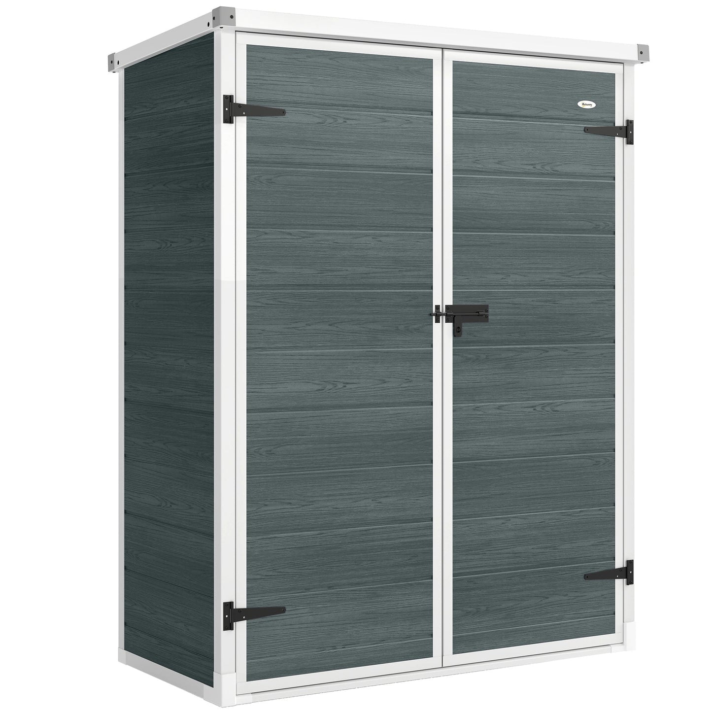 4.4' x 2.3' Plastic Garden Shed, Wood-Effect Outdoor Storage Shed with Floor, 2 Foldable Shelves and Lockable Double Doors for Backyard, Patio, Distressed Grey