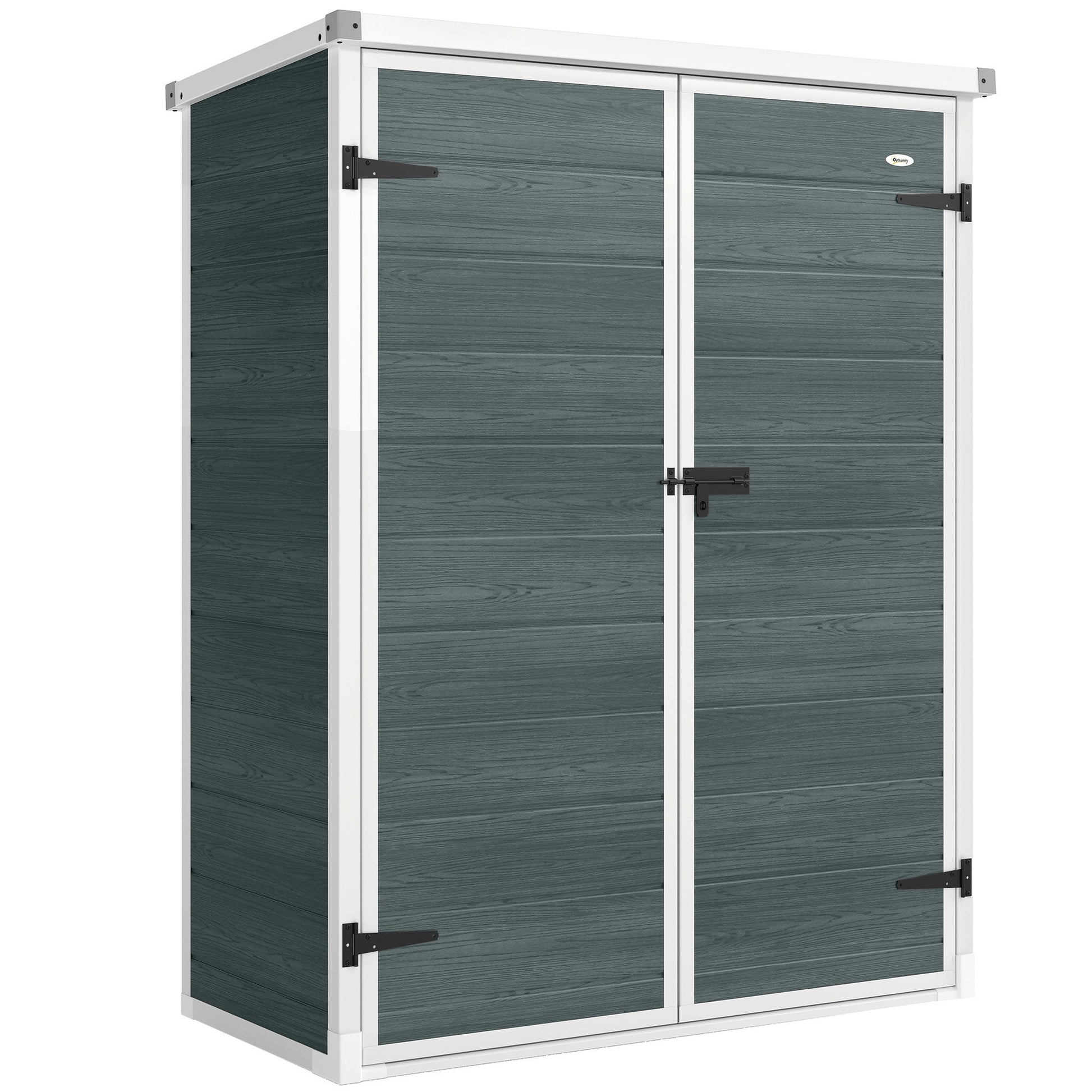 4.4' x 2.3' Plastic Garden Shed, Wood-Effect Outdoor Storage Shed with Floor, 2 Foldable Shelves and Lockable Double Doors for Backyard, Patio, Distressed Grey