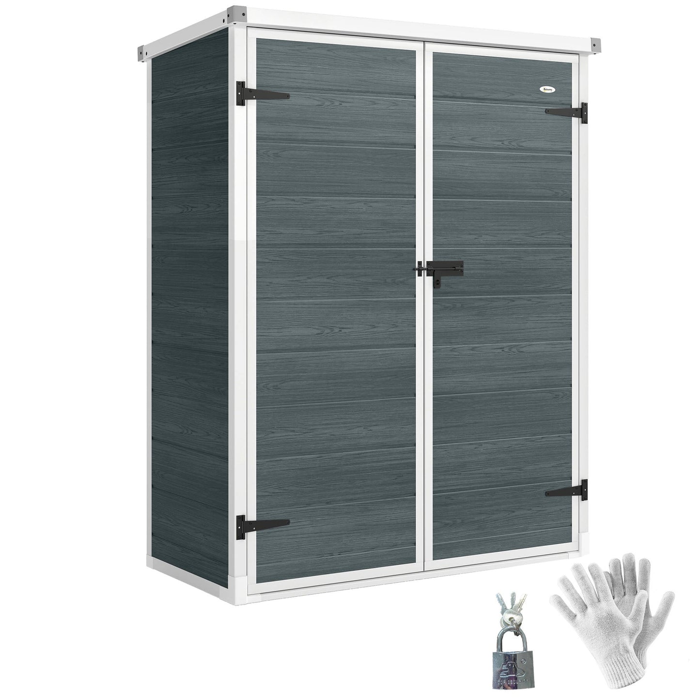 4.4' x 2.3' Plastic Garden Shed, Wood-Effect Outdoor Storage Shed with Floor, 2 Foldable Shelves and Lockable Double Doors for Backyard, Patio, Distressed Grey