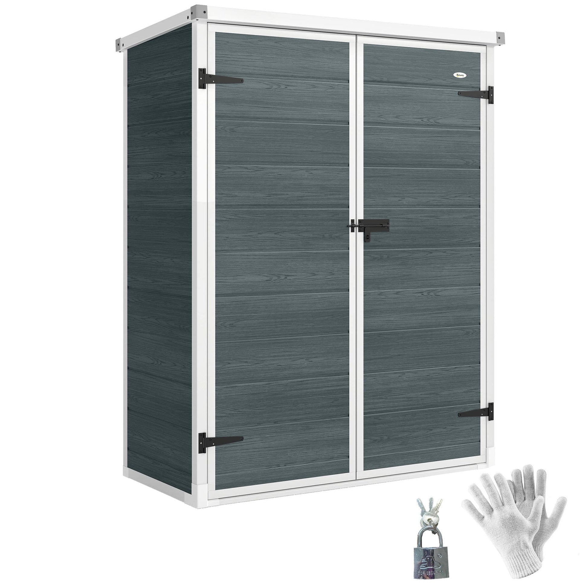 4.4' x 2.3' Plastic Garden Shed, Wood-Effect Outdoor Storage Shed with Floor, 2 Foldable Shelves and Lockable Double Doors for Backyard, Patio, Distressed Grey