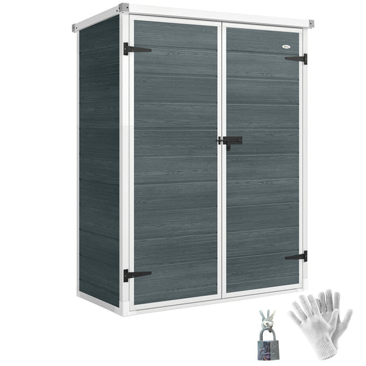 4.4' x 2.3' Plastic Garden Shed, Wood-Effect Outdoor Storage Shed with Floor, 2 Foldable Shelves and Lockable Double Doors for Backyard, Patio, Distressed Grey