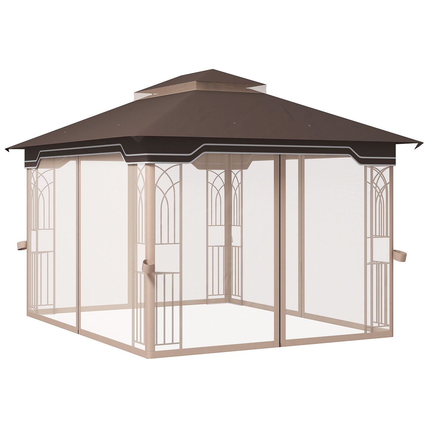 12' x 10' Patio Gazebo Outdoor Canopy Shelter with Double Tier Roof and Netting Sidewalls for Garden, Lawn, Backyard and Deck, Brown