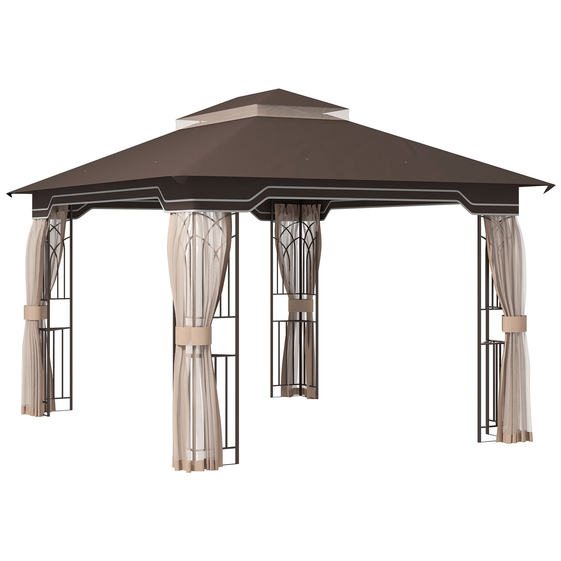 12' x 10' Patio Gazebo Outdoor Canopy Shelter with Double Tier Roof and Netting Sidewalls for Garden, Lawn, Backyard and Deck, Brown
