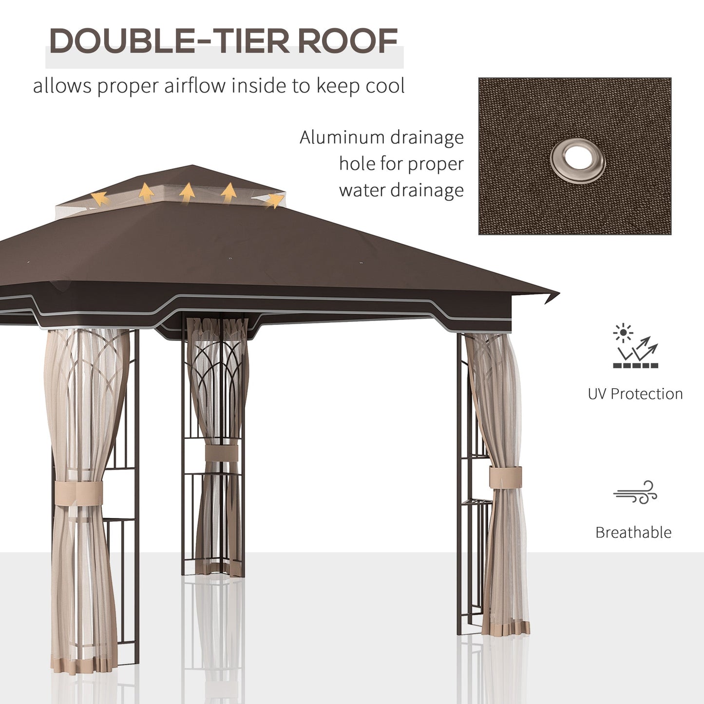 12' x 10' Patio Gazebo Outdoor Canopy Shelter with Double Tier Roof and Netting Sidewalls for Garden, Lawn, Backyard and Deck, Brown