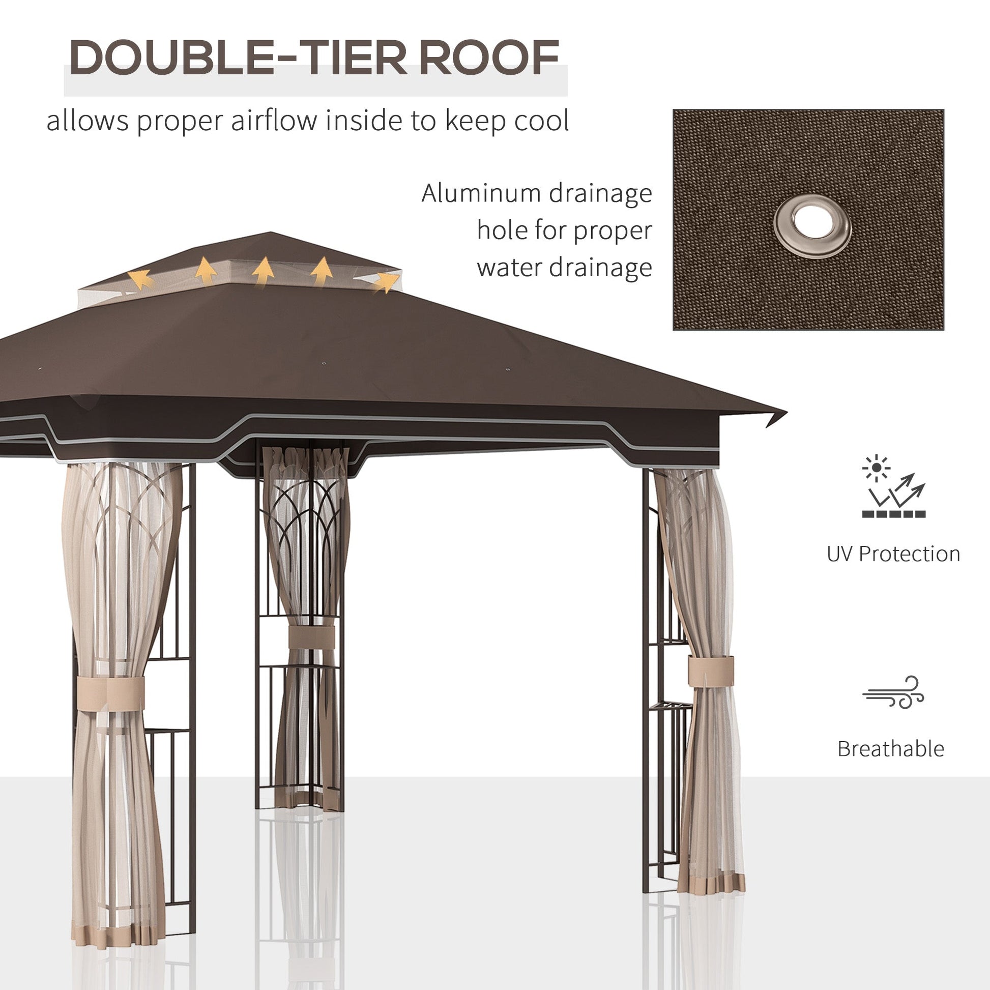 12' x 10' Patio Gazebo Outdoor Canopy Shelter with Double Tier Roof and Netting Sidewalls for Garden, Lawn, Backyard and Deck, Brown