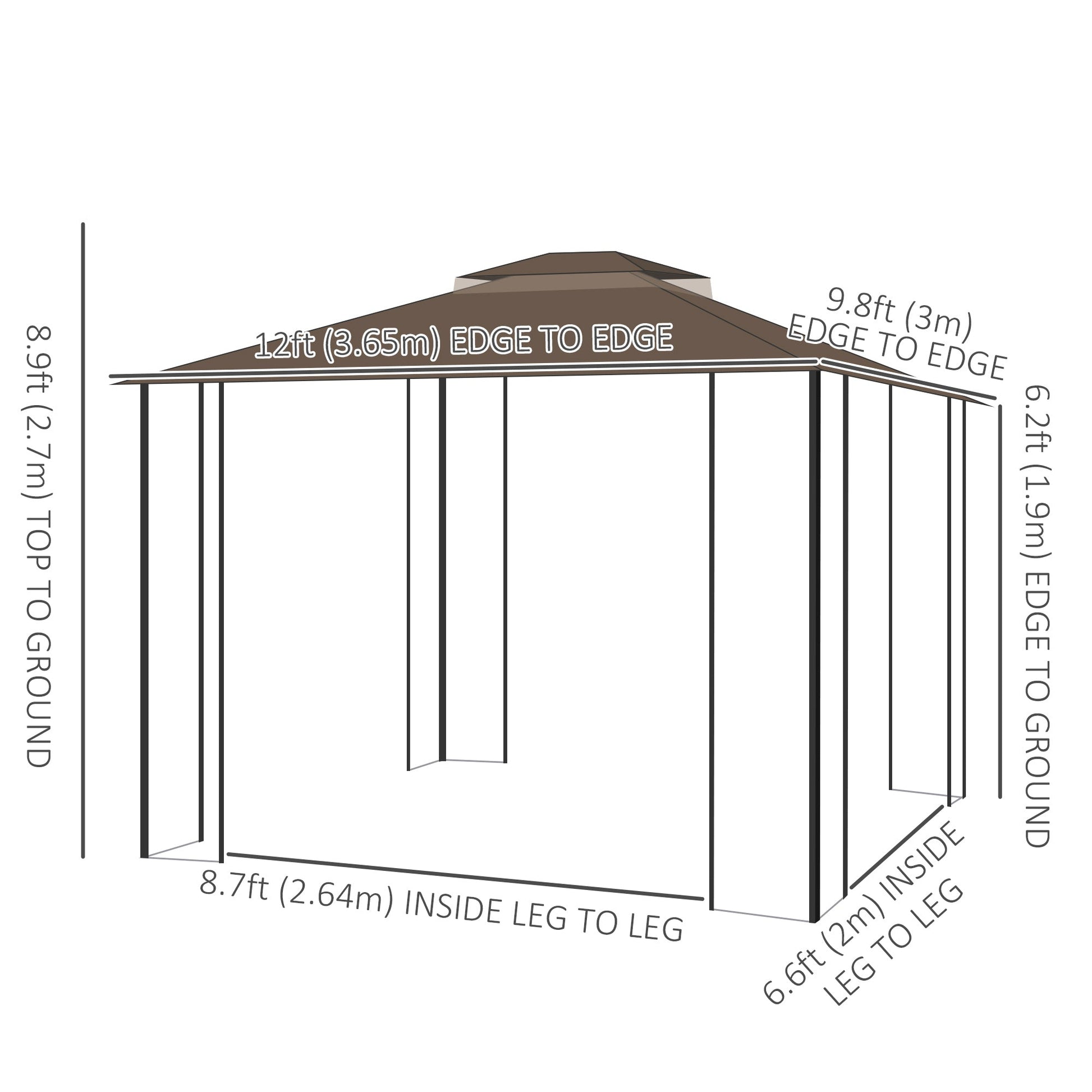 12' x 10' Patio Gazebo Outdoor Canopy Shelter with Double Tier Roof and Netting Sidewalls for Garden, Lawn, Backyard and Deck, Brown