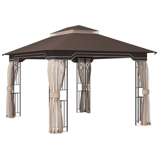 12' x 10' Patio Gazebo Outdoor Canopy Shelter with Double Tier Roof and Netting Sidewalls for Garden, Lawn, Backyard and Deck, Brown