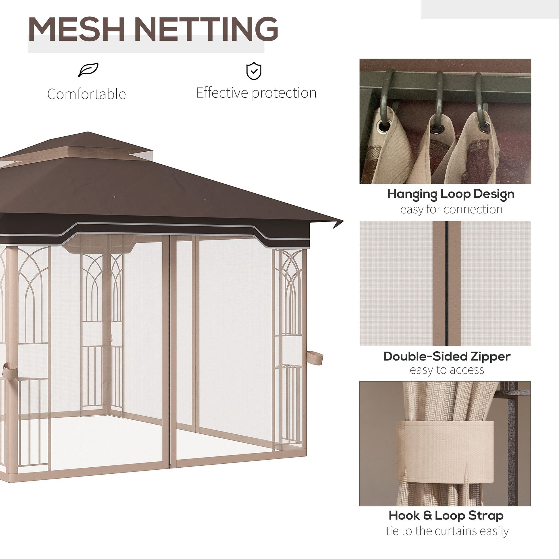 12' x 10' Patio Gazebo Outdoor Canopy Shelter with Double Tier Roof and Netting Sidewalls for Garden, Lawn, Backyard and Deck, Brown