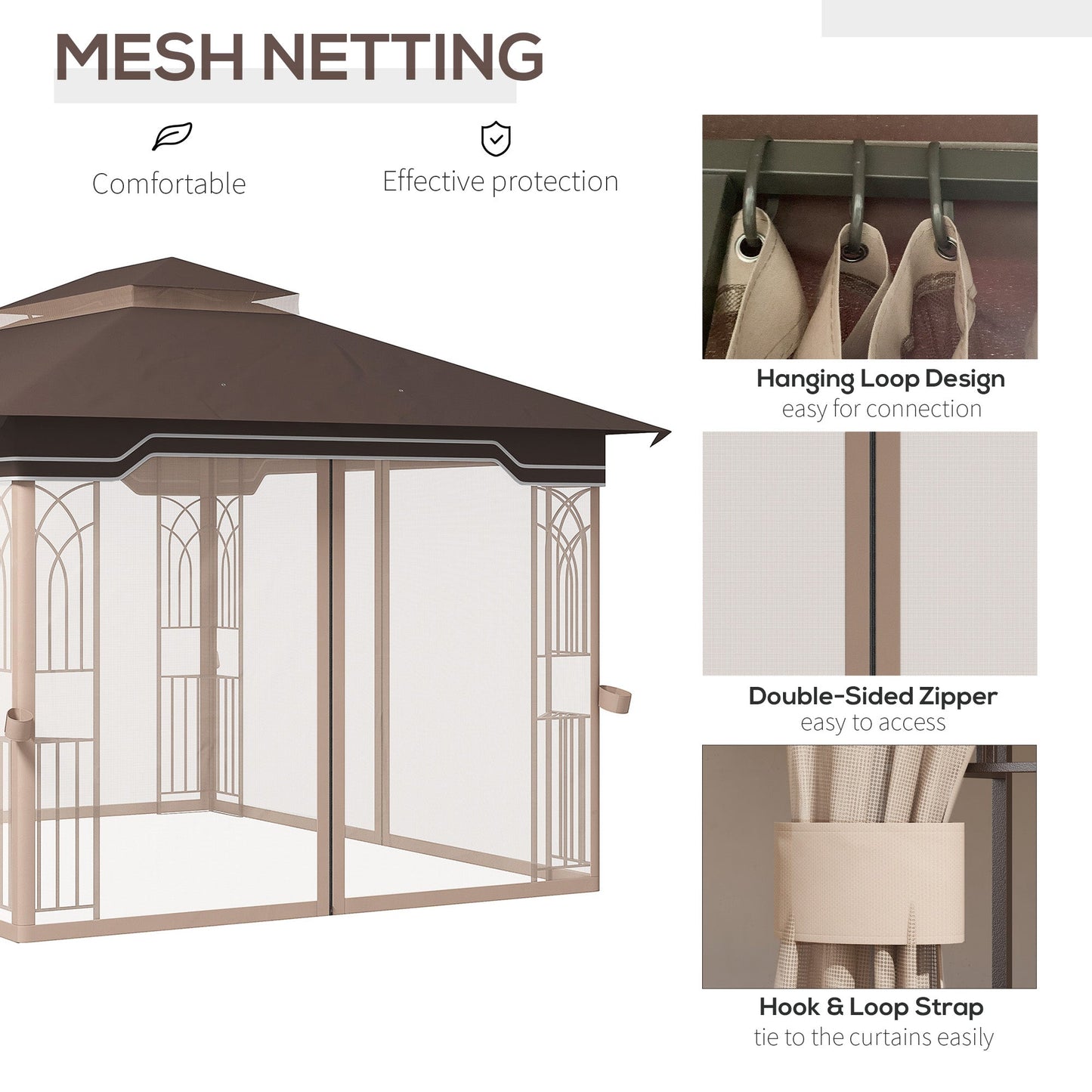 12' x 10' Patio Gazebo Outdoor Canopy Shelter with Double Tier Roof and Netting Sidewalls for Garden, Lawn, Backyard and Deck, Brown