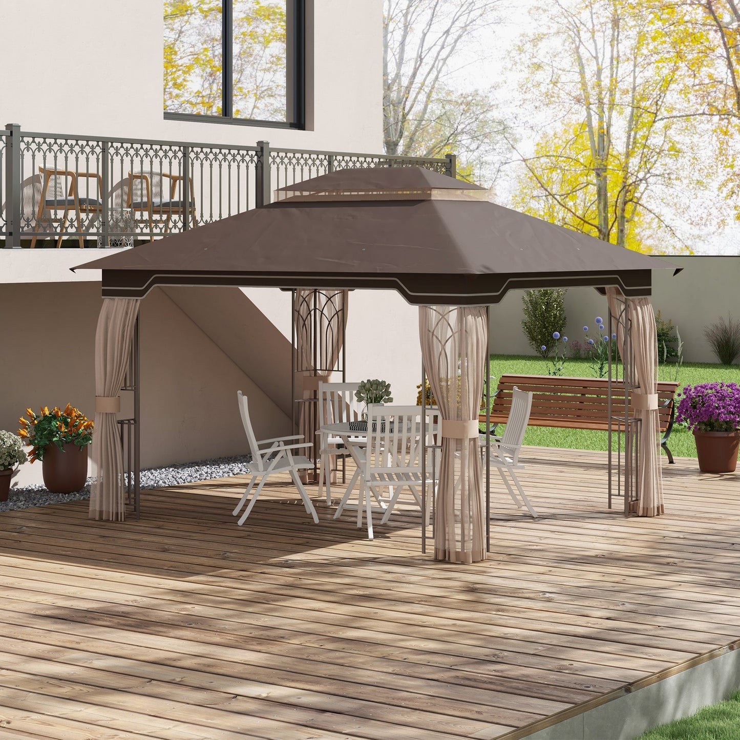 12' x 10' Patio Gazebo Outdoor Canopy Shelter with Double Tier Roof and Netting Sidewalls for Garden, Lawn, Backyard and Deck, Brown