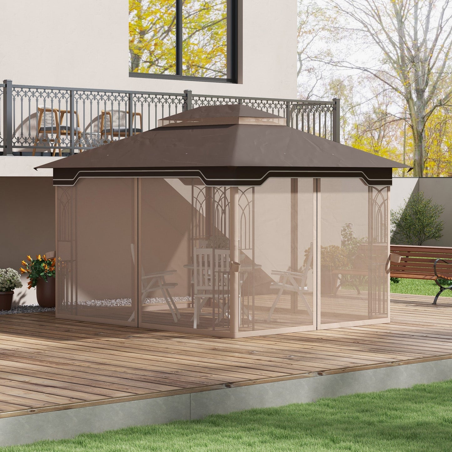 12' x 10' Patio Gazebo Outdoor Canopy Shelter with Double Tier Roof and Netting Sidewalls for Garden, Lawn, Backyard and Deck, Brown