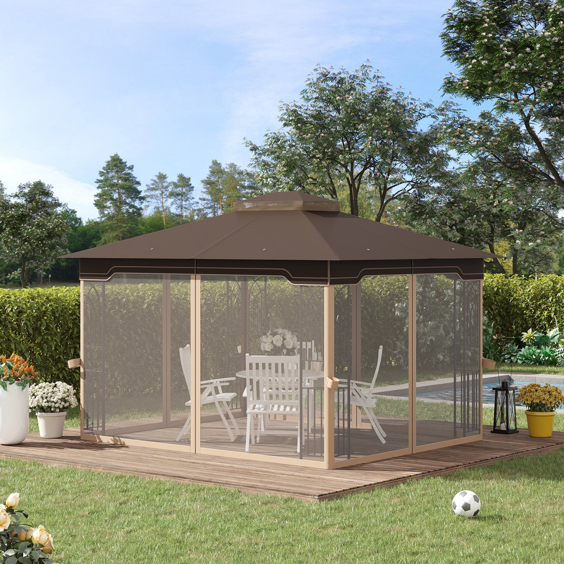12' x 10' Patio Gazebo Outdoor Canopy Shelter with Double Tier Roof and Netting Sidewalls for Garden, Lawn, Backyard and Deck, Brown