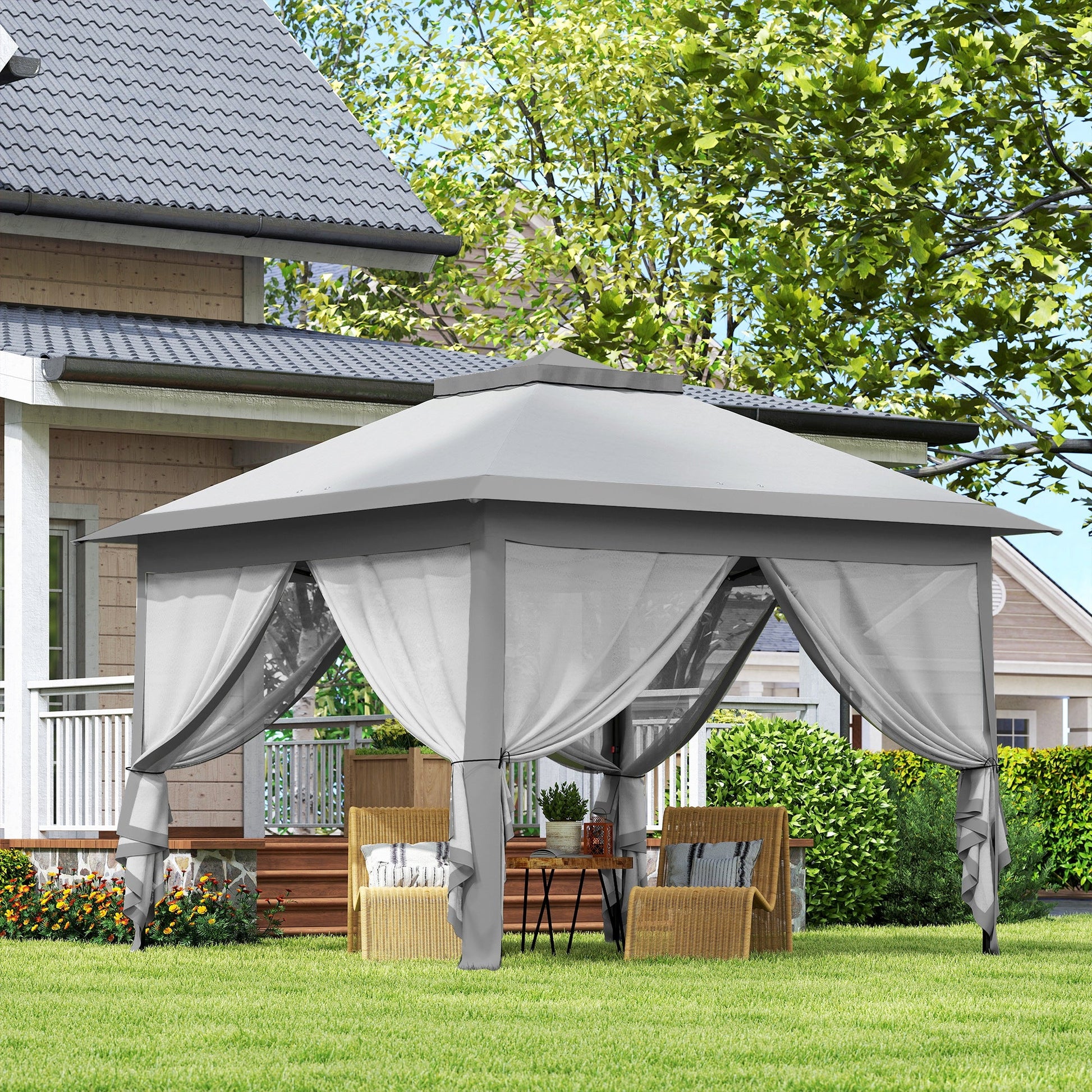 11' x 11' Pop Up Canopy, Double Roof Foldable Canopy Tent with Zipper Mesh Sidewalls, Height Adjustable and Carrying Bag, Event Tent for Patio Garden Backyard, Light Grey