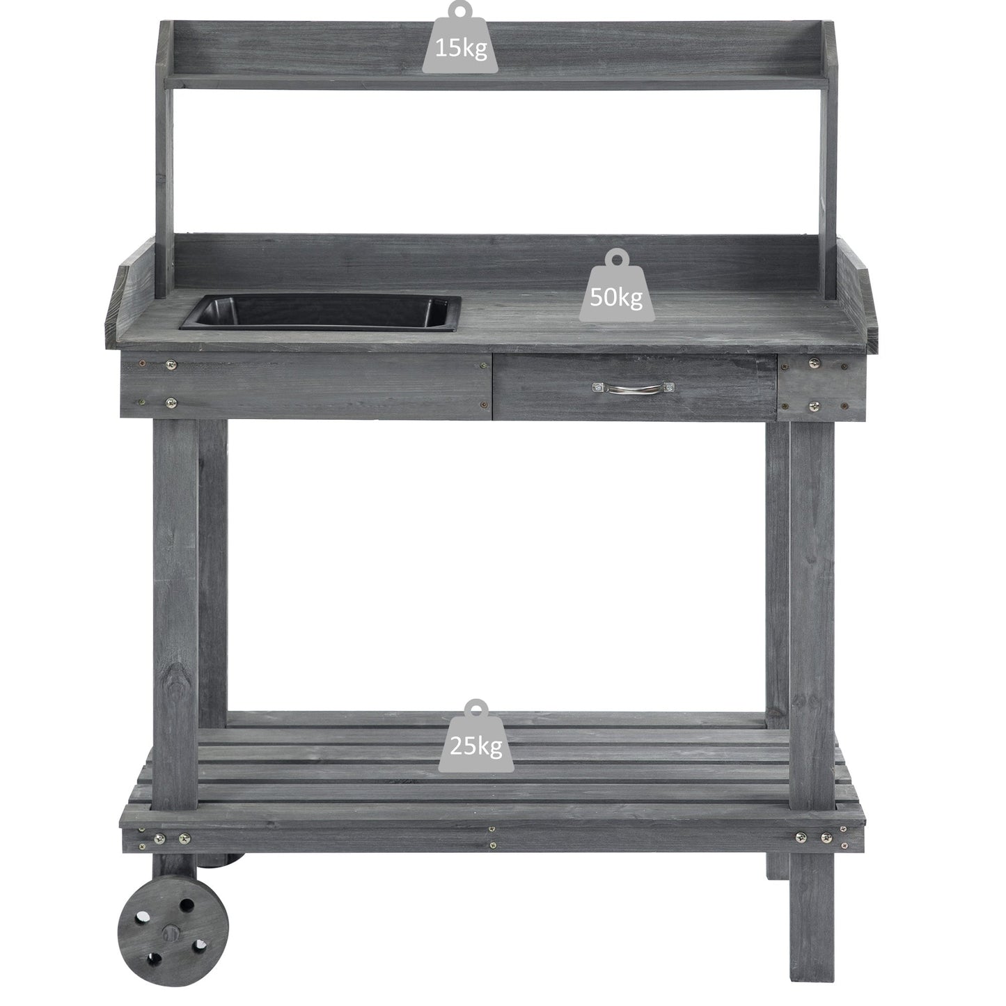 36" Wooden Potting Bench Work Table with 2 Removable Wheels, Sink, Drawer & Large Storage Spaces, Gray