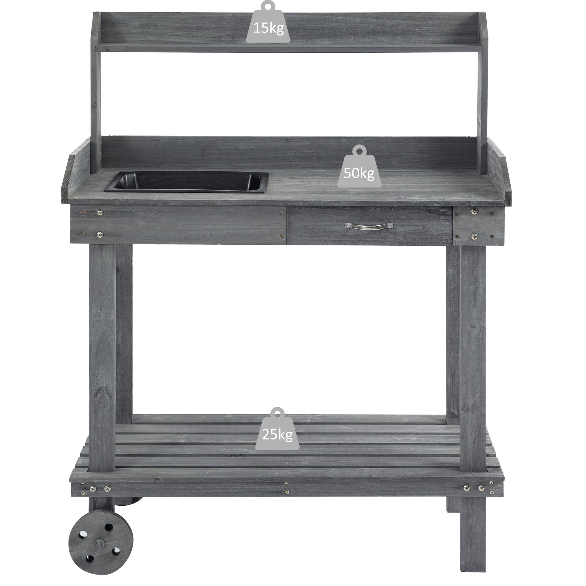 36" Wooden Potting Bench Work Table with 2 Removable Wheels, Sink, Drawer & Large Storage Spaces, Gray