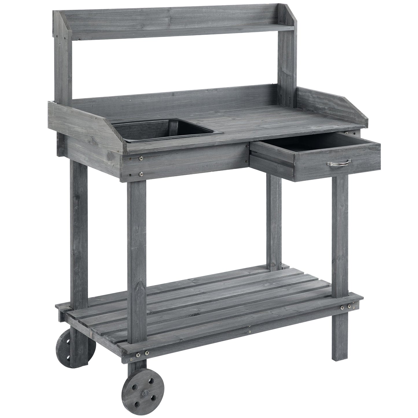 36" Wooden Potting Bench Work Table with 2 Removable Wheels, Sink, Drawer & Large Storage Spaces, Gray
