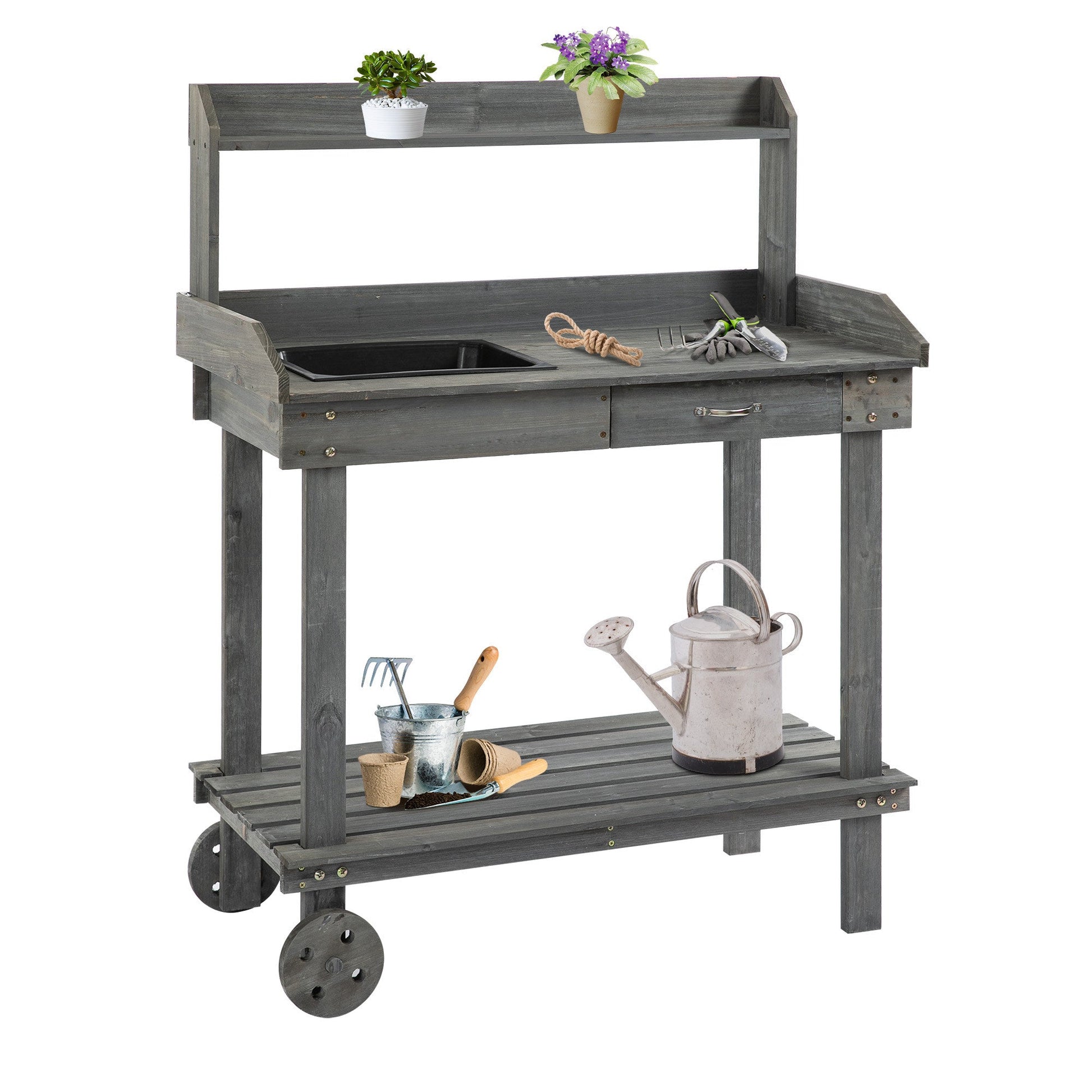 36" Wooden Potting Bench Work Table with 2 Removable Wheels, Sink, Drawer & Large Storage Spaces, Gray