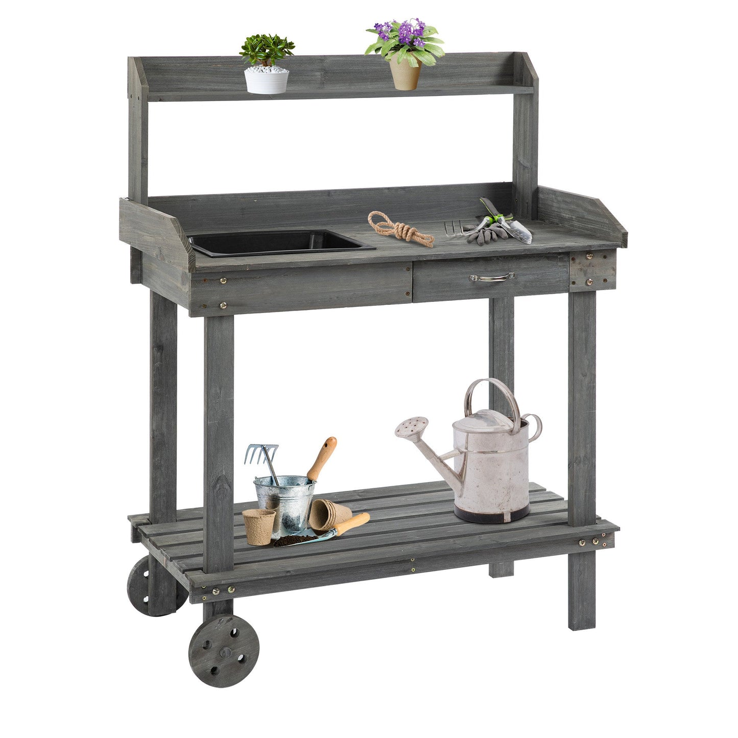 36" Wooden Potting Bench Work Table with 2 Removable Wheels, Sink, Drawer & Large Storage Spaces, Gray