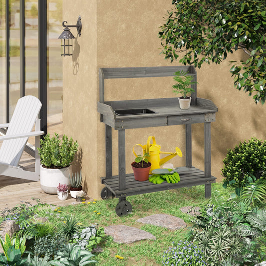 36" Wooden Potting Bench Work Table with 2 Removable Wheels, Sink, Drawer & Large Storage Spaces, Gray