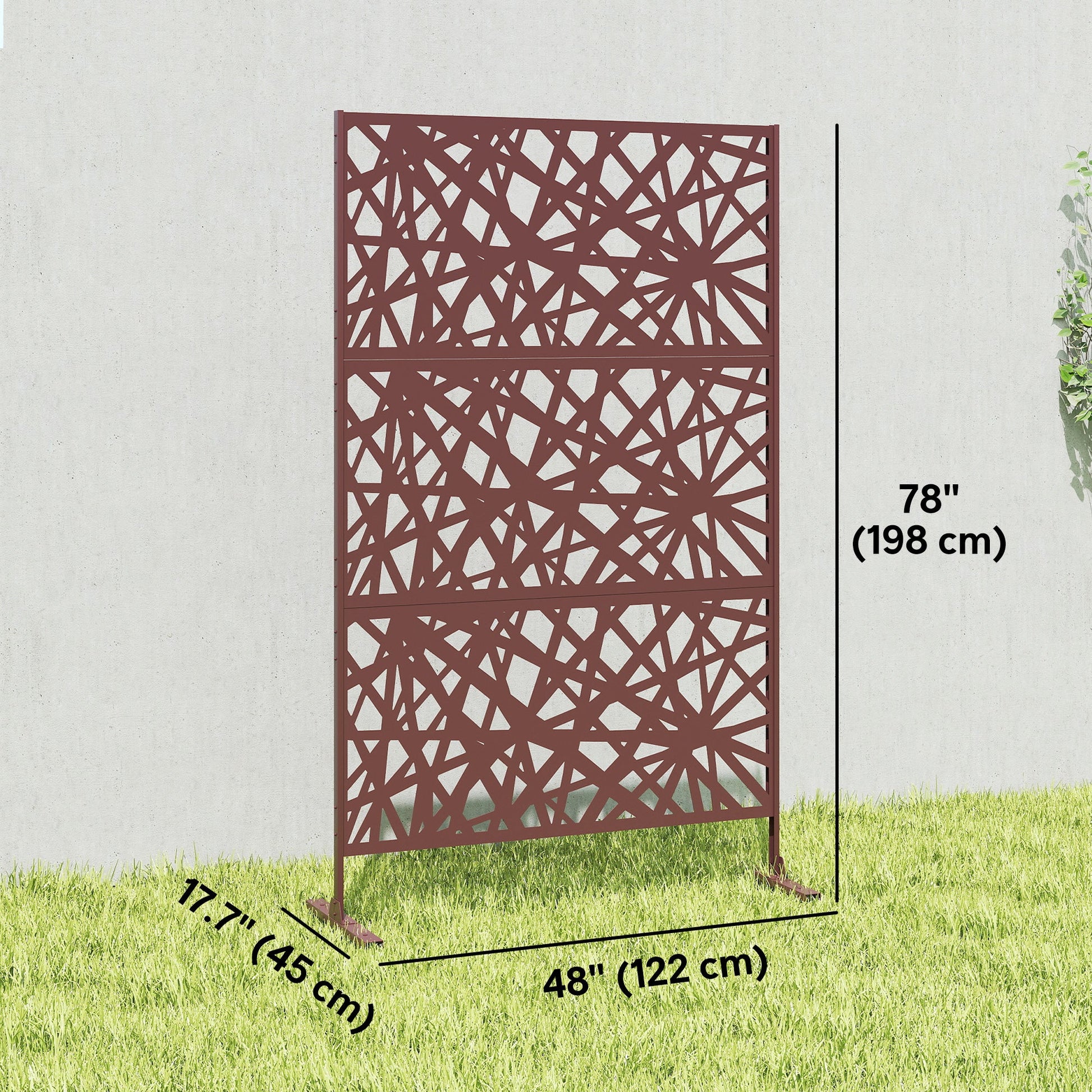 Metal Outdoor Privacy Screen, 78" x 48" Freestanding Outdoor Divider with Stand, Decorative Privacy Panel with Labyrinth Cut-out Design for Garden Patio, Dark Brown