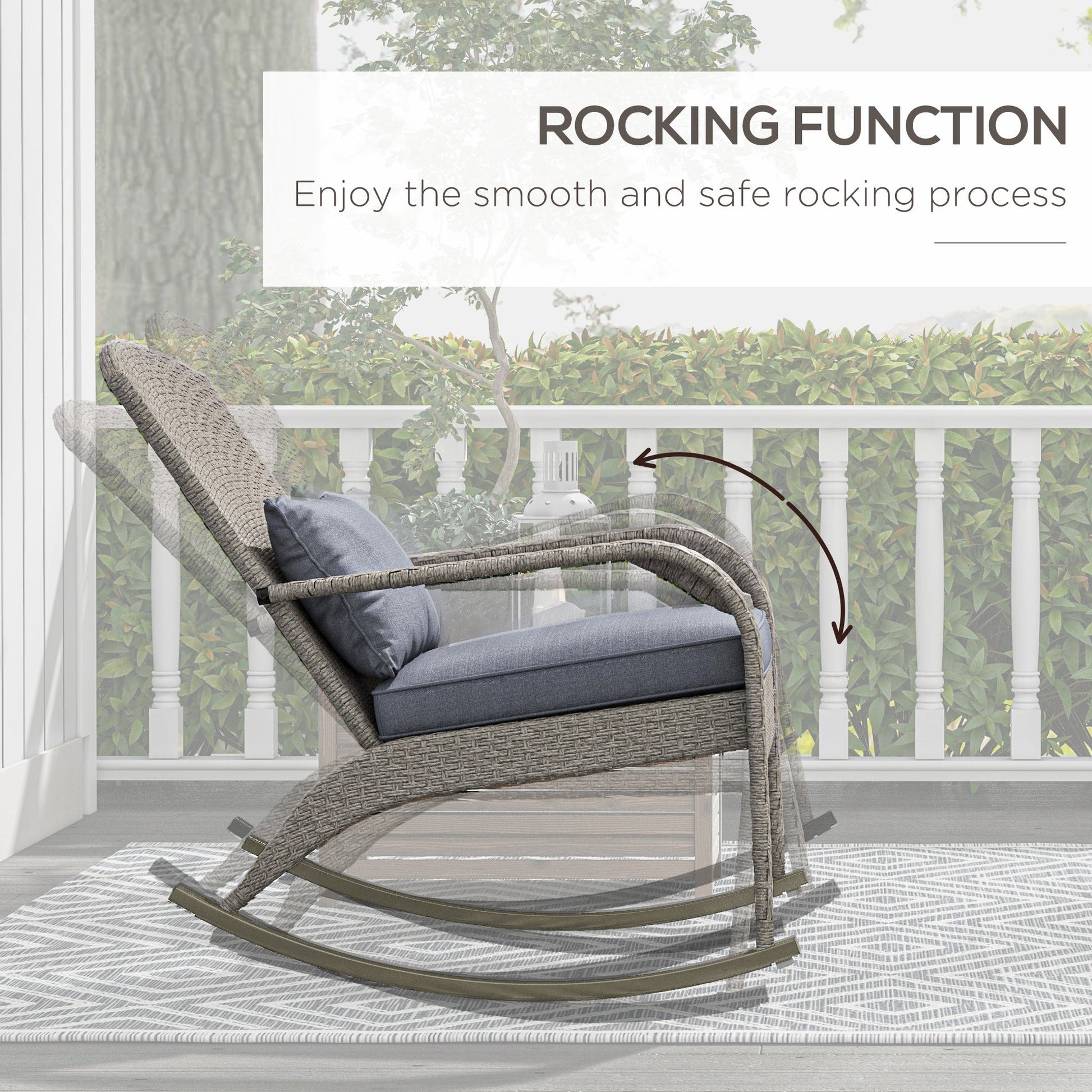Outdoor Wicker Adirondack Rocking Chair, Patio Rattan Rocker Chair with High Back, Seat Cushion and Pillow for Garden, Porch, Balcony, Grey