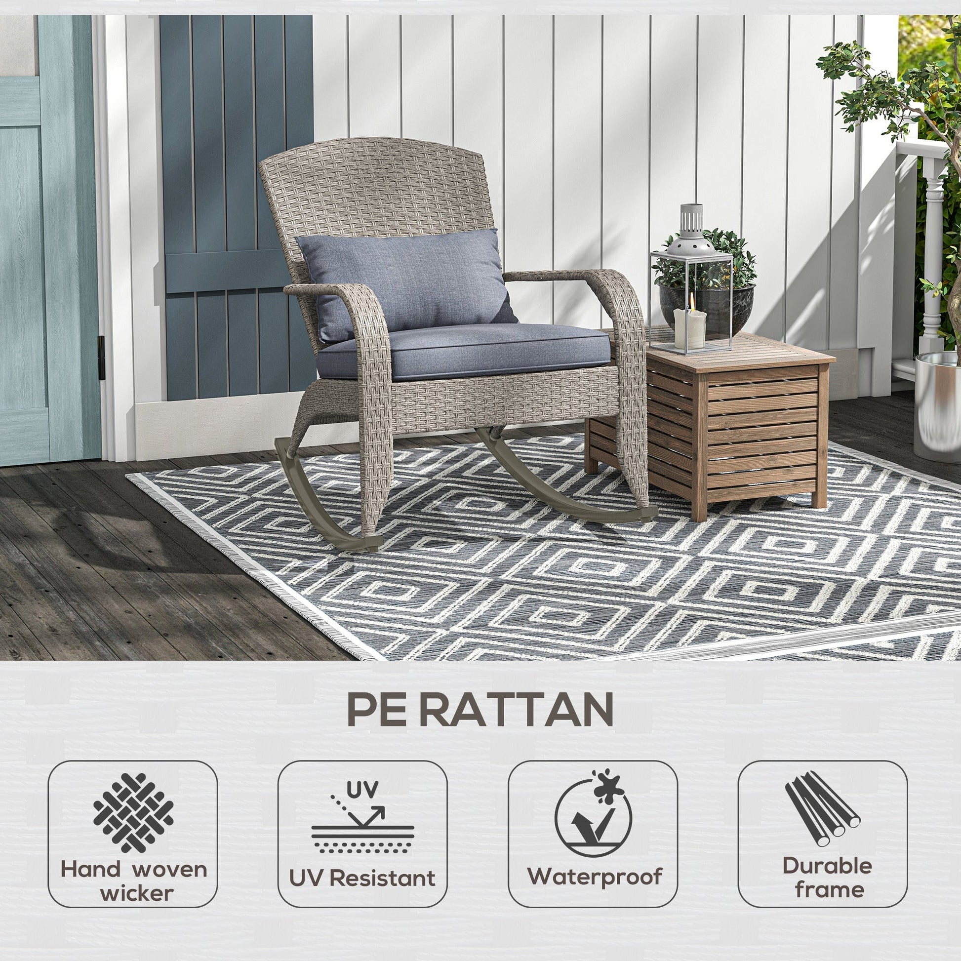 Outdoor Wicker Adirondack Rocking Chair, Patio Rattan Rocker Chair with High Back, Seat Cushion and Pillow for Garden, Porch, Balcony, Grey