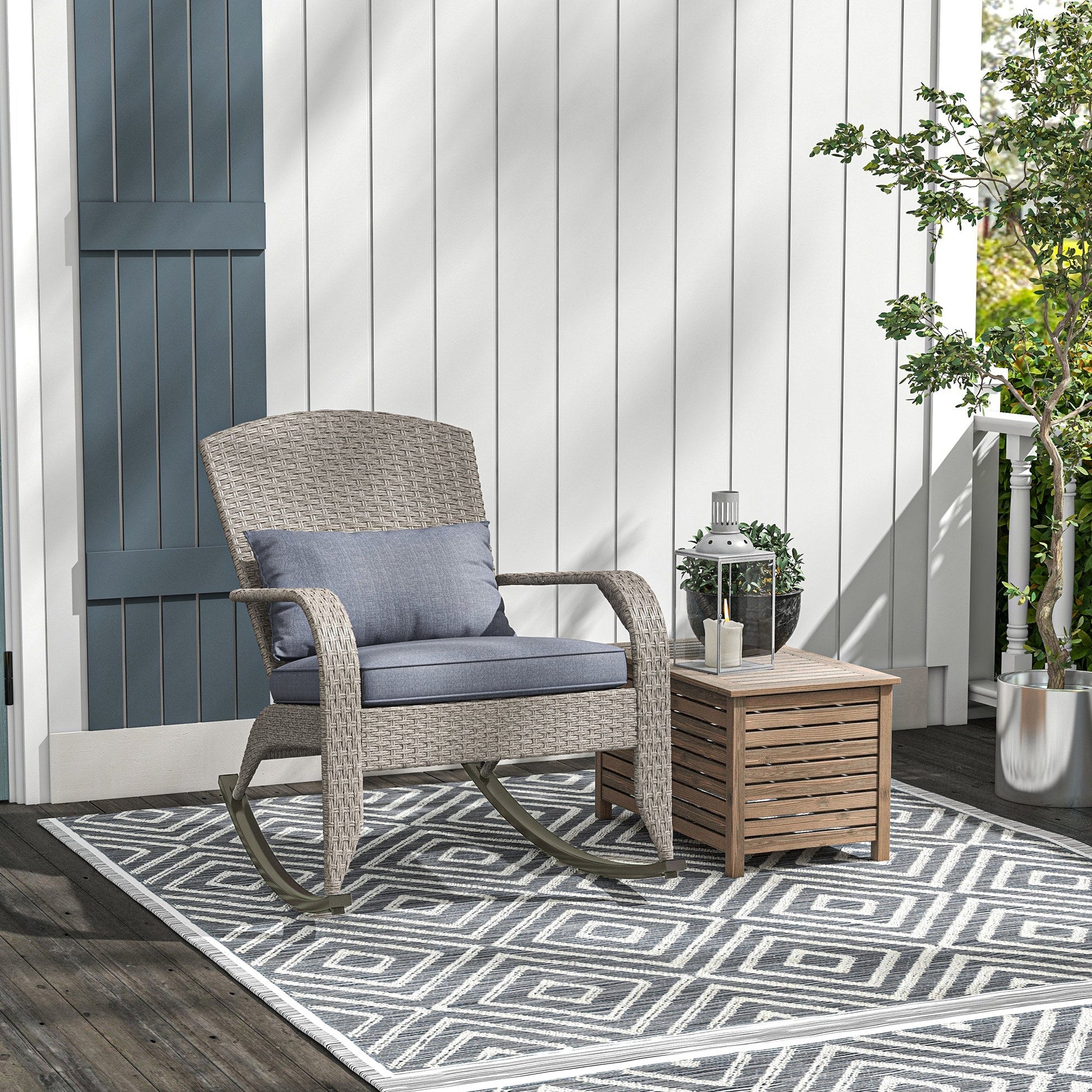 Outdoor Wicker Adirondack Rocking Chair, Patio Rattan Rocker Chair with High Back, Seat Cushion and Pillow for Garden, Porch, Balcony, Grey
