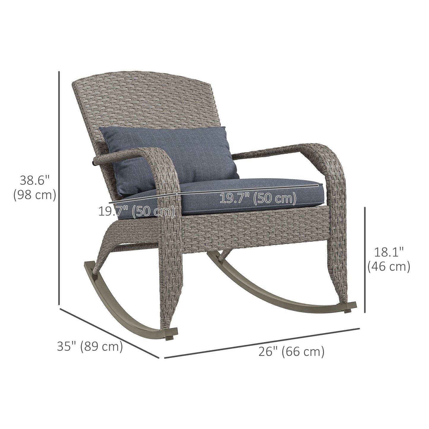 Outdoor Wicker Adirondack Rocking Chair, Patio Rattan Rocker Chair with High Back, Seat Cushion and Pillow for Garden, Porch, Balcony, Grey