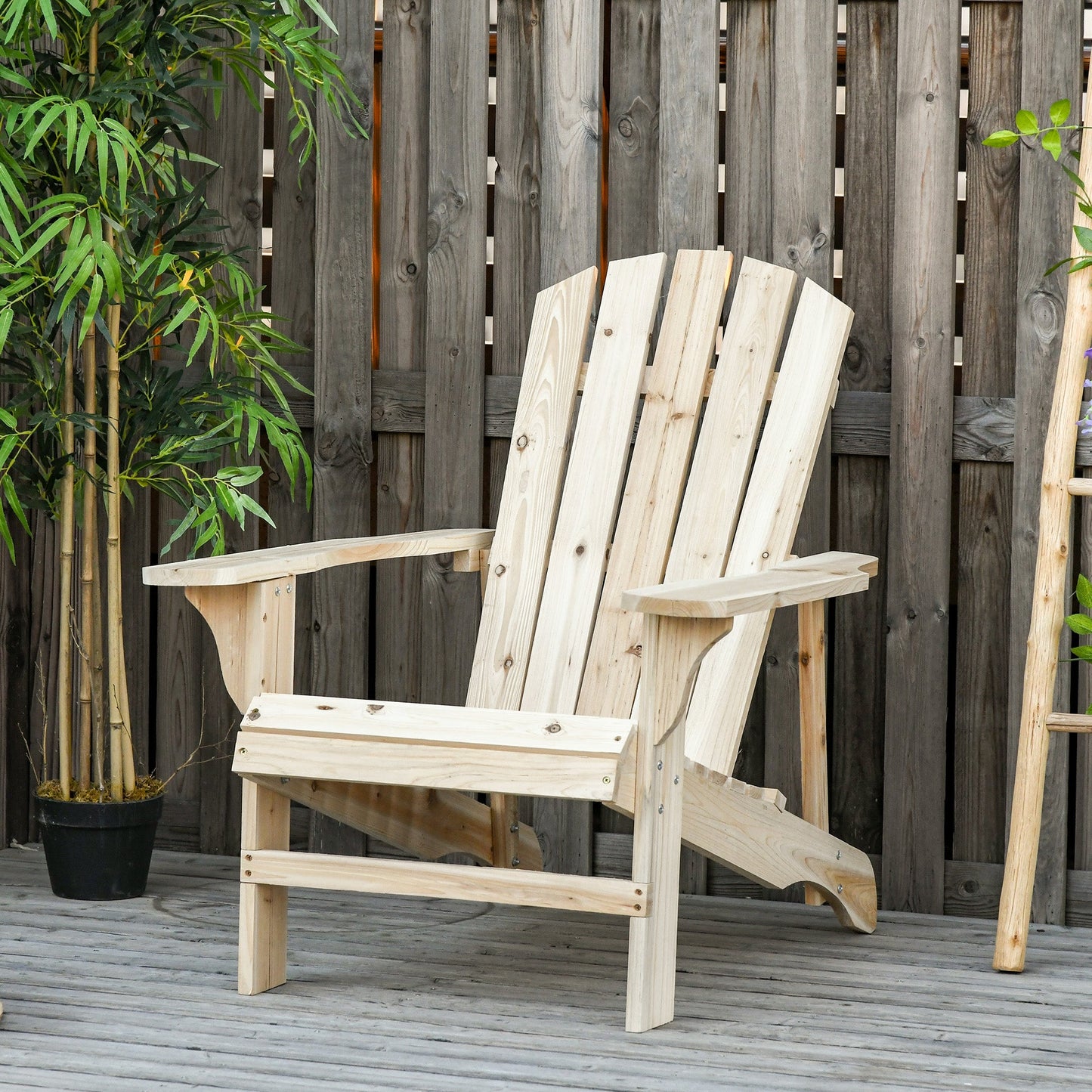 Wood Adirondack Chair, Outdoor Patio Muskoka Chair with Slatted Design for Deck, Garden, Backyard, Fire Pit, Natural