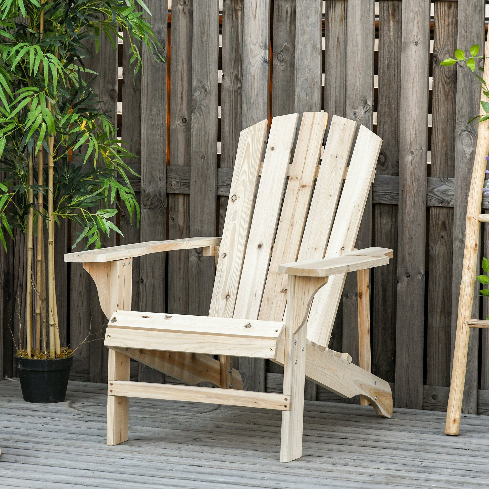 Wood Adirondack Chair, Outdoor Patio Muskoka Chair with Slatted Design for Deck, Garden, Backyard, Fire Pit, Natural