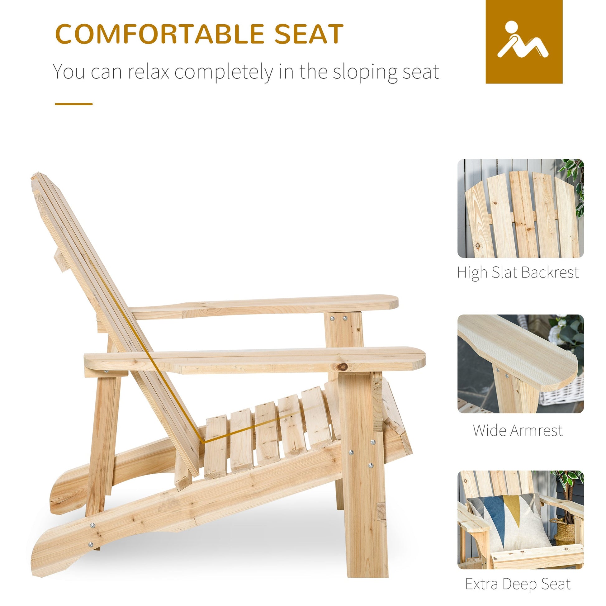 Wood Adirondack Chair, Outdoor Patio Muskoka Chair with Slatted Design for Deck, Garden, Backyard, Fire Pit, Natural