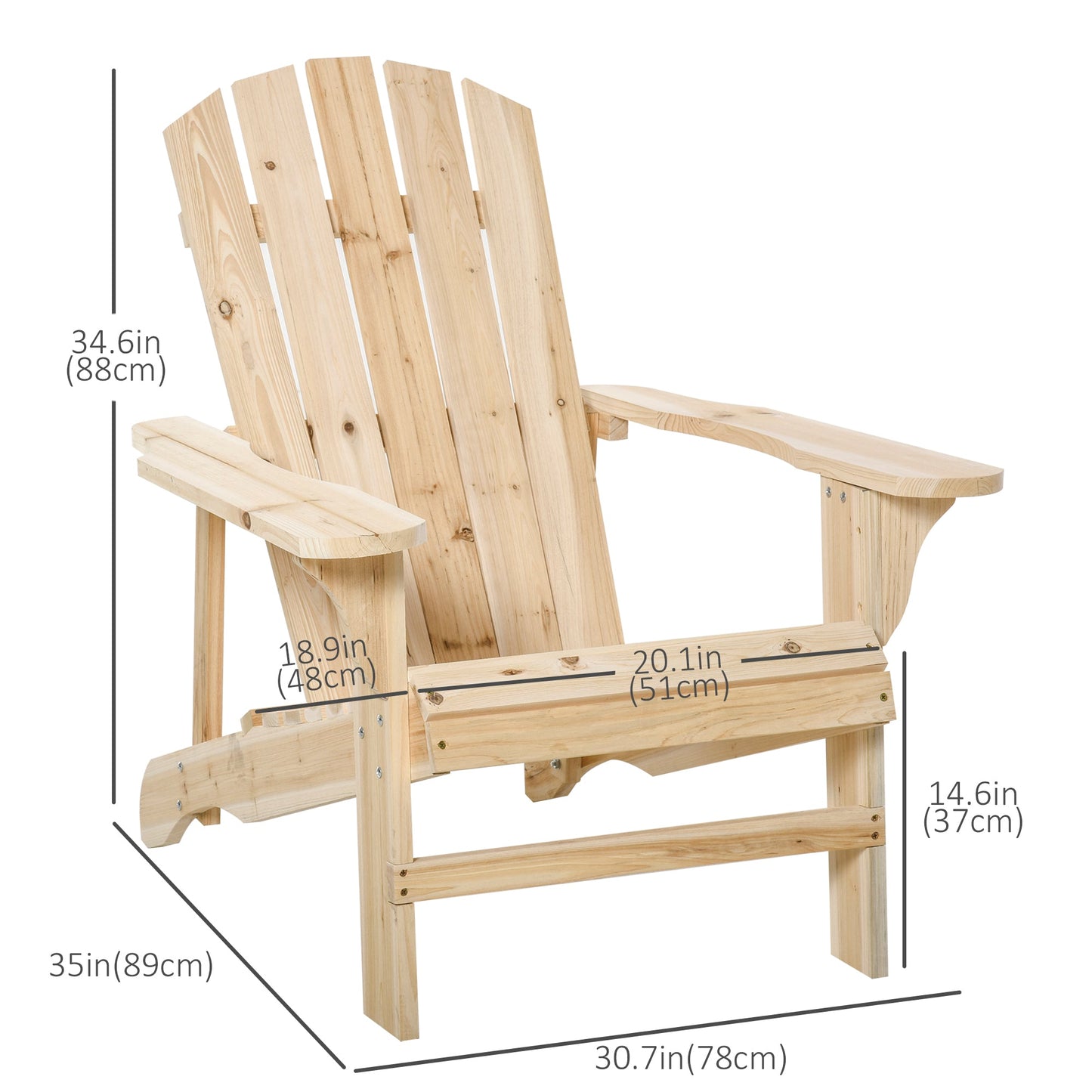 Wood Adirondack Chair, Outdoor Patio Muskoka Chair with Slatted Design for Deck, Garden, Backyard, Fire Pit, Natural