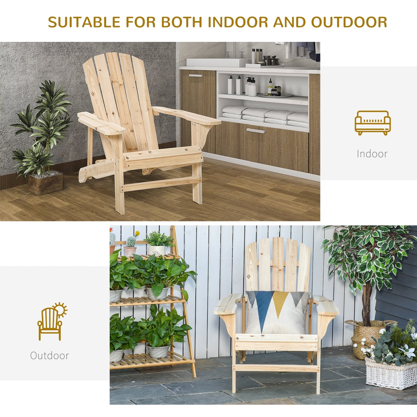 Wood Adirondack Chair, Outdoor Patio Muskoka Chair with Slatted Design for Deck, Garden, Backyard, Fire Pit, Natural
