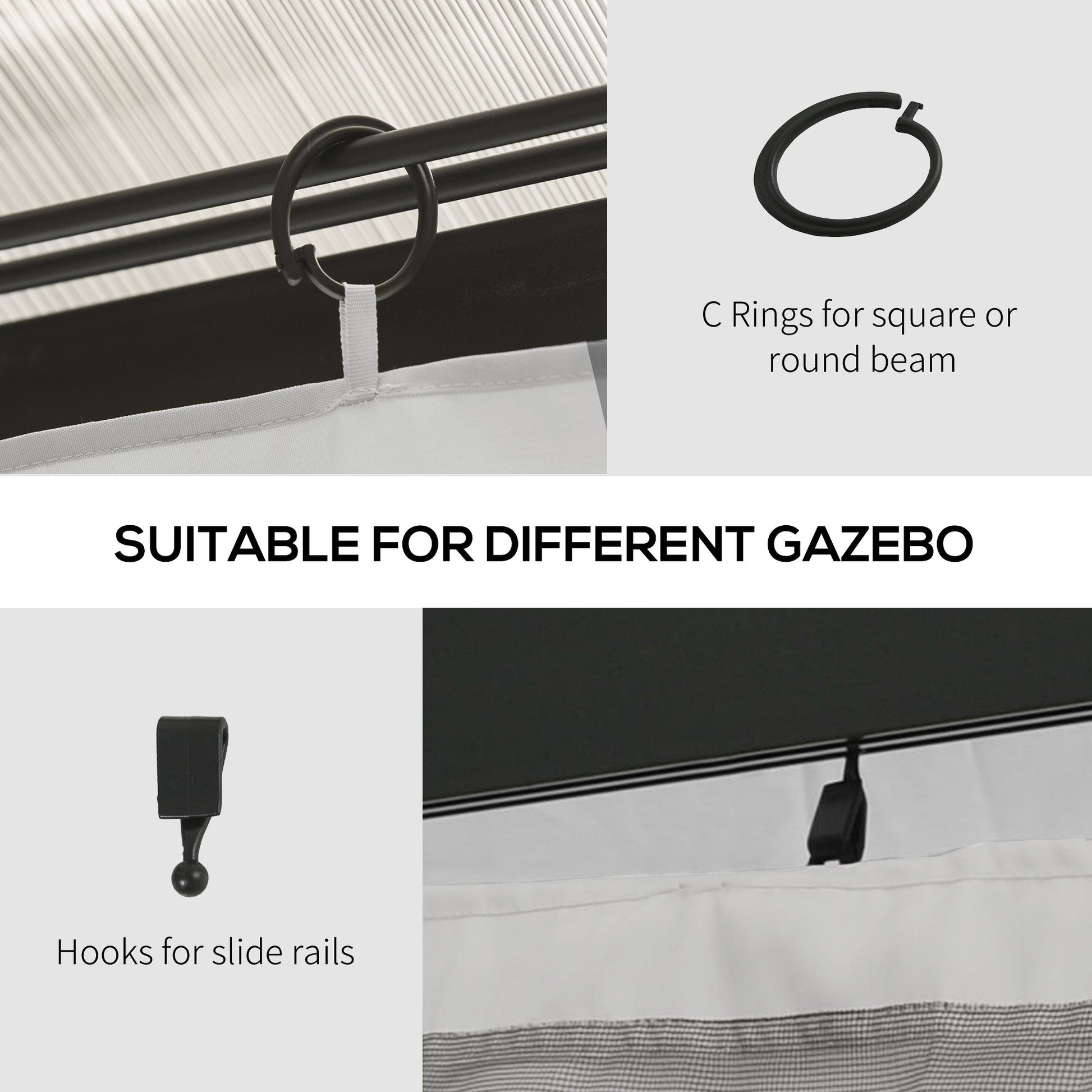 10' x 12' Universal Gazebo Sidewall Set with 4 Panels, Hooks/C-Rings Included for Pergolas & Cabanas, Light Grey