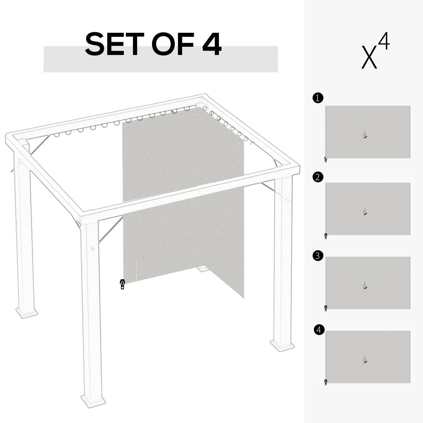 10' x 12' Universal Gazebo Sidewall Set with 4 Panels, Hooks/C-Rings Included for Pergolas & Cabanas, Light Grey