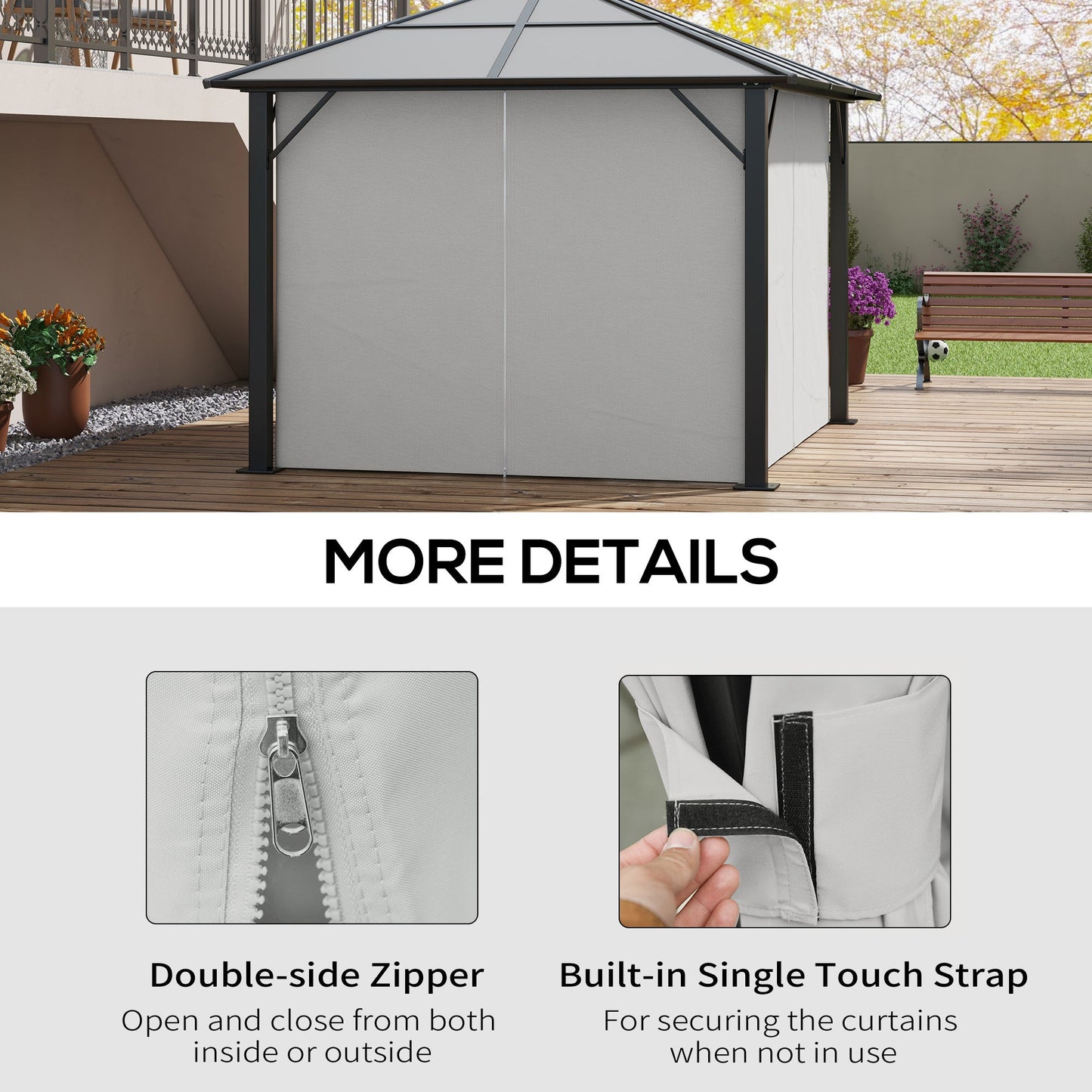 10' x 12' Universal Gazebo Sidewall Set with 4 Panels, Hooks/C-Rings Included for Pergolas & Cabanas, Light Grey