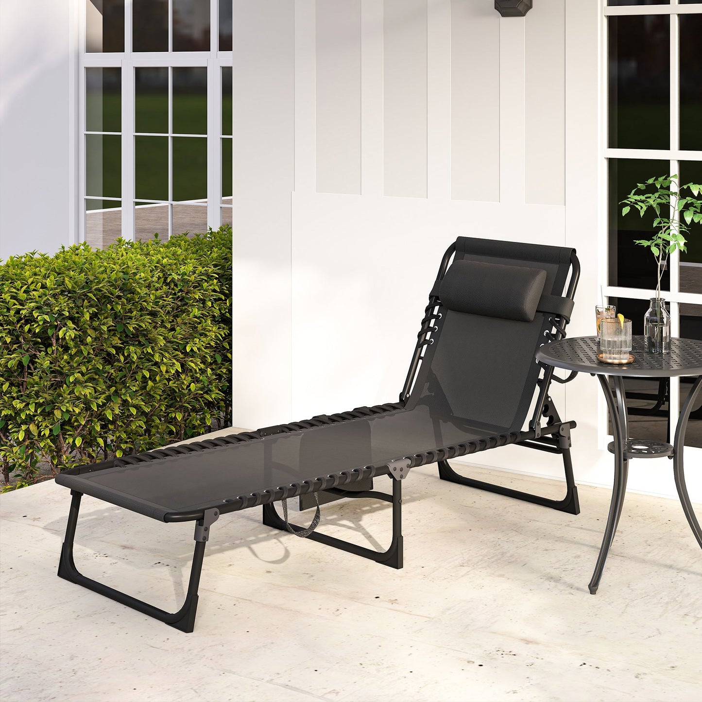 Folding Lounge Chair, Reclining Tanning Chair, Portable Sun Lounger with Adjustable Backrest and Removable Pillow for Patio, Garden, Beach, Black