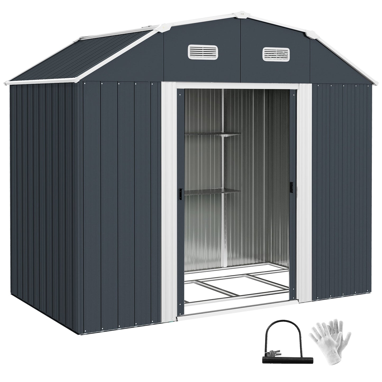 8' x 4' Galvanized Garden Shed with Adjustable Shelves and Foundation Kit, Outdoor Metal Shed with Double Sliding Doors and Vents for Lawn, Patio, Dark Grey
