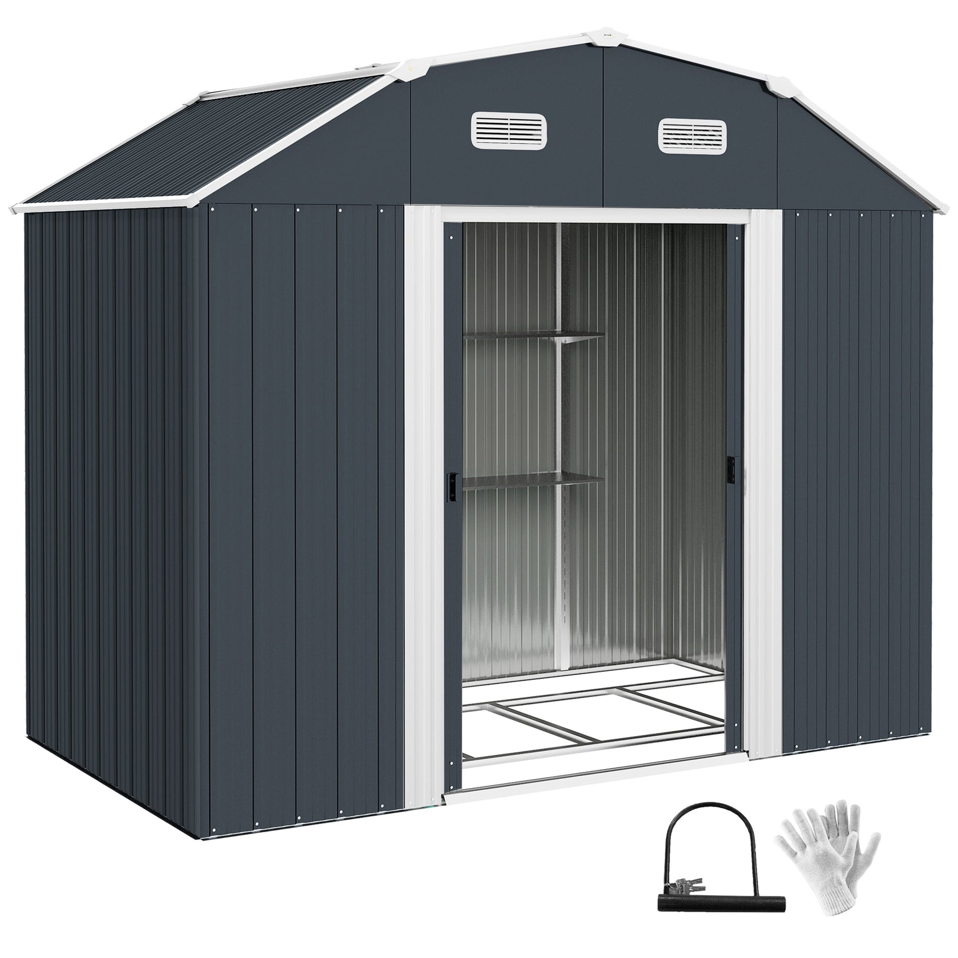 8' x 4' Galvanized Garden Shed with Adjustable Shelves and Foundation Kit, Outdoor Metal Shed with Double Sliding Doors and Vents for Lawn, Patio, Dark Grey
