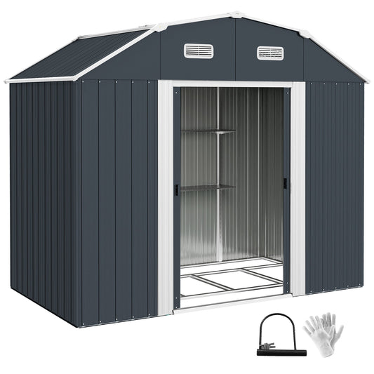 8' x 4' Galvanized Garden Shed with Adjustable Shelves and Foundation Kit, Outdoor Metal Shed with Double Sliding Doors and Vents for Lawn, Patio, Dark Grey