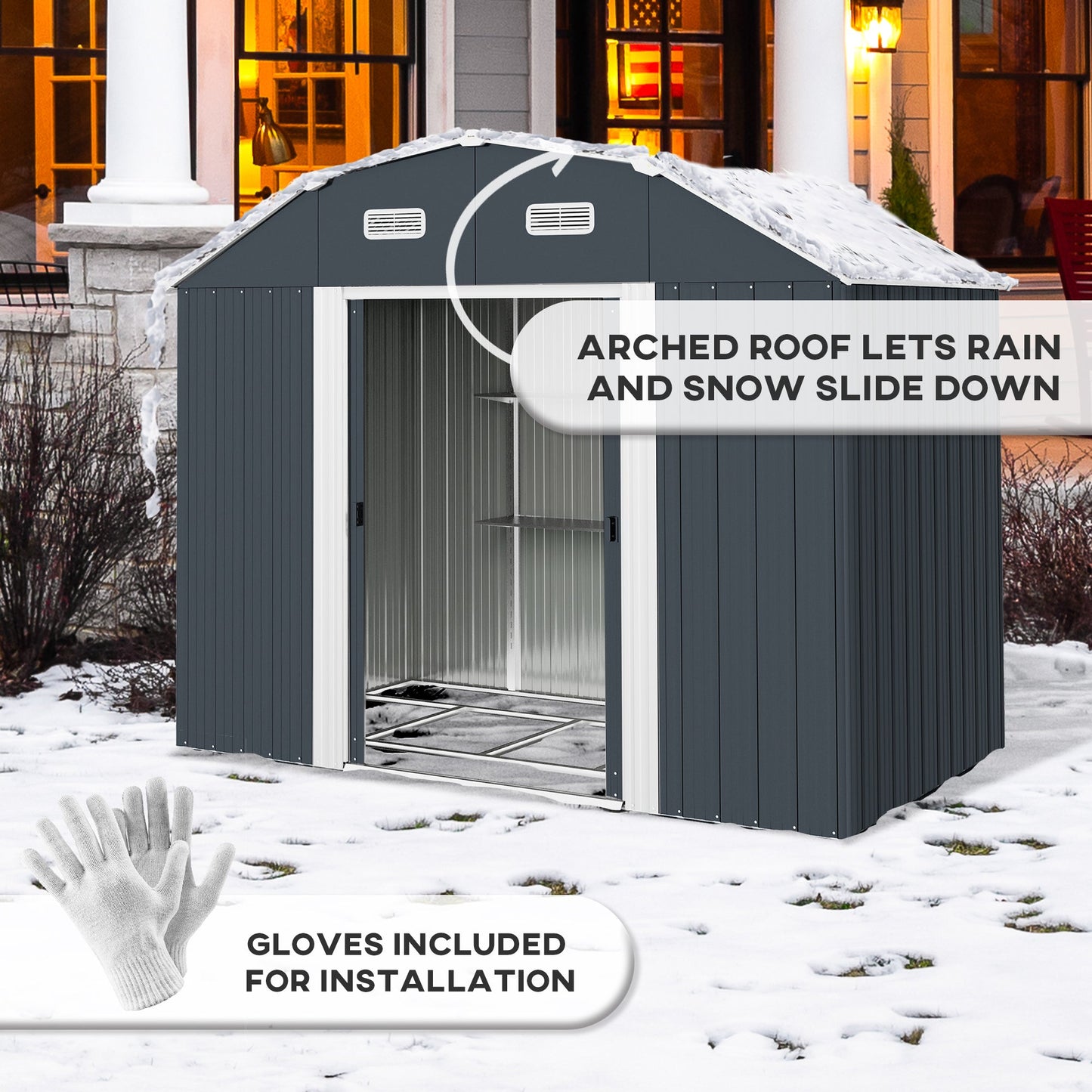 8' x 4' Galvanized Garden Shed with Adjustable Shelves and Foundation Kit, Outdoor Metal Shed with Double Sliding Doors and Vents for Lawn, Patio, Dark Grey