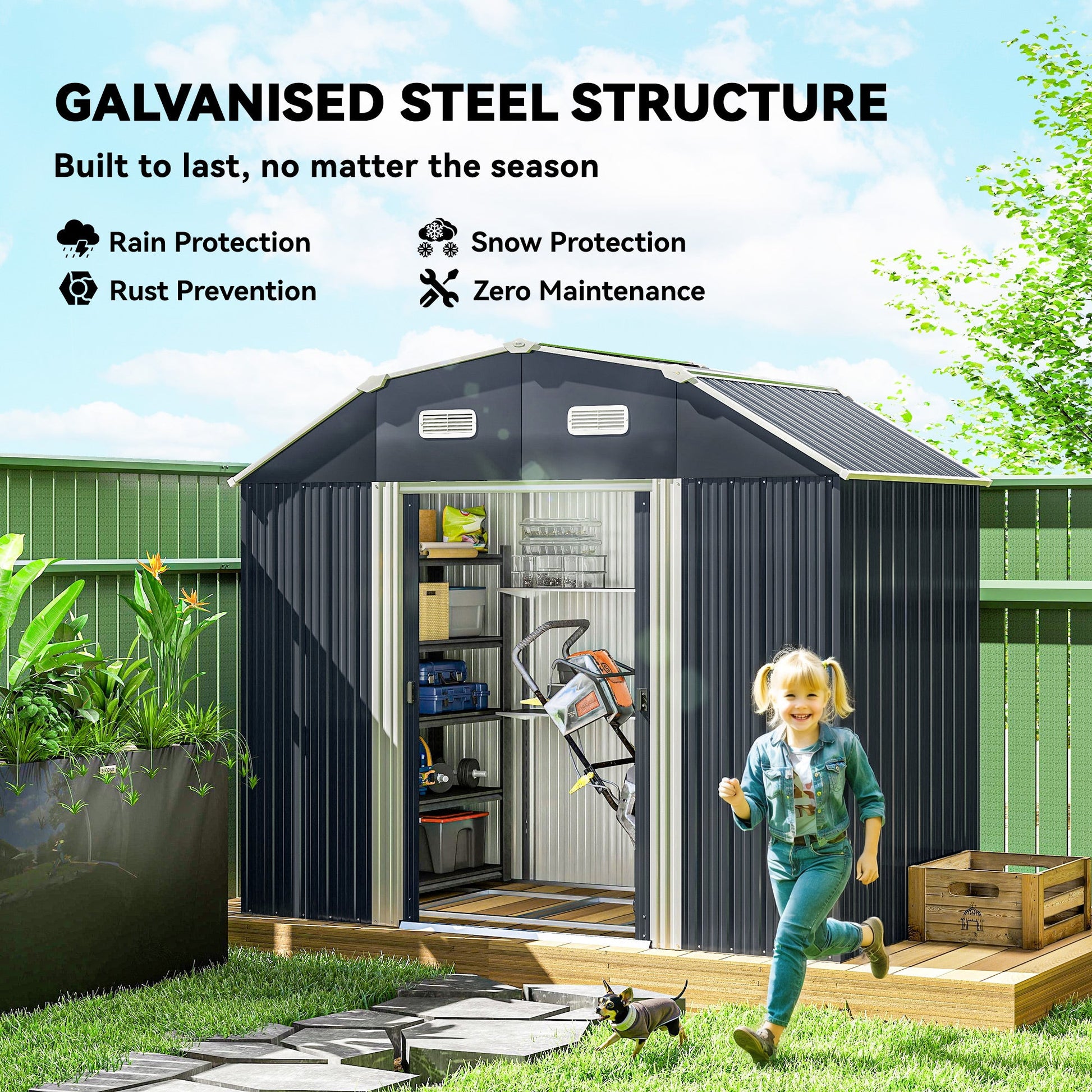 8' x 4' Galvanized Garden Shed with Adjustable Shelves and Foundation Kit, Outdoor Metal Shed with Double Sliding Doors and Vents for Lawn, Patio, Dark Grey