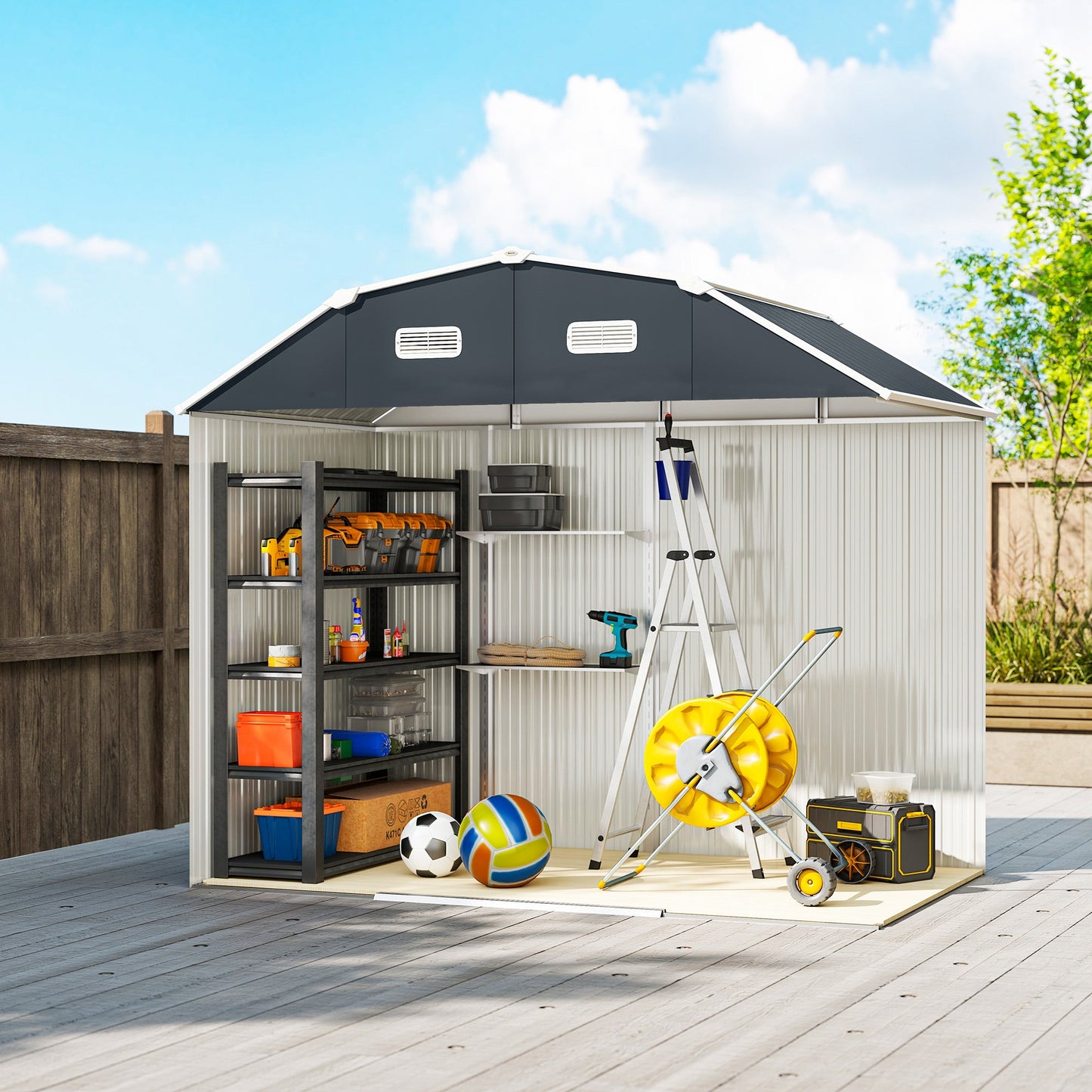 8' x 4' Galvanized Garden Shed with Adjustable Shelves and Foundation Kit, Outdoor Metal Shed with Double Sliding Doors and Vents for Lawn, Patio, Dark Grey