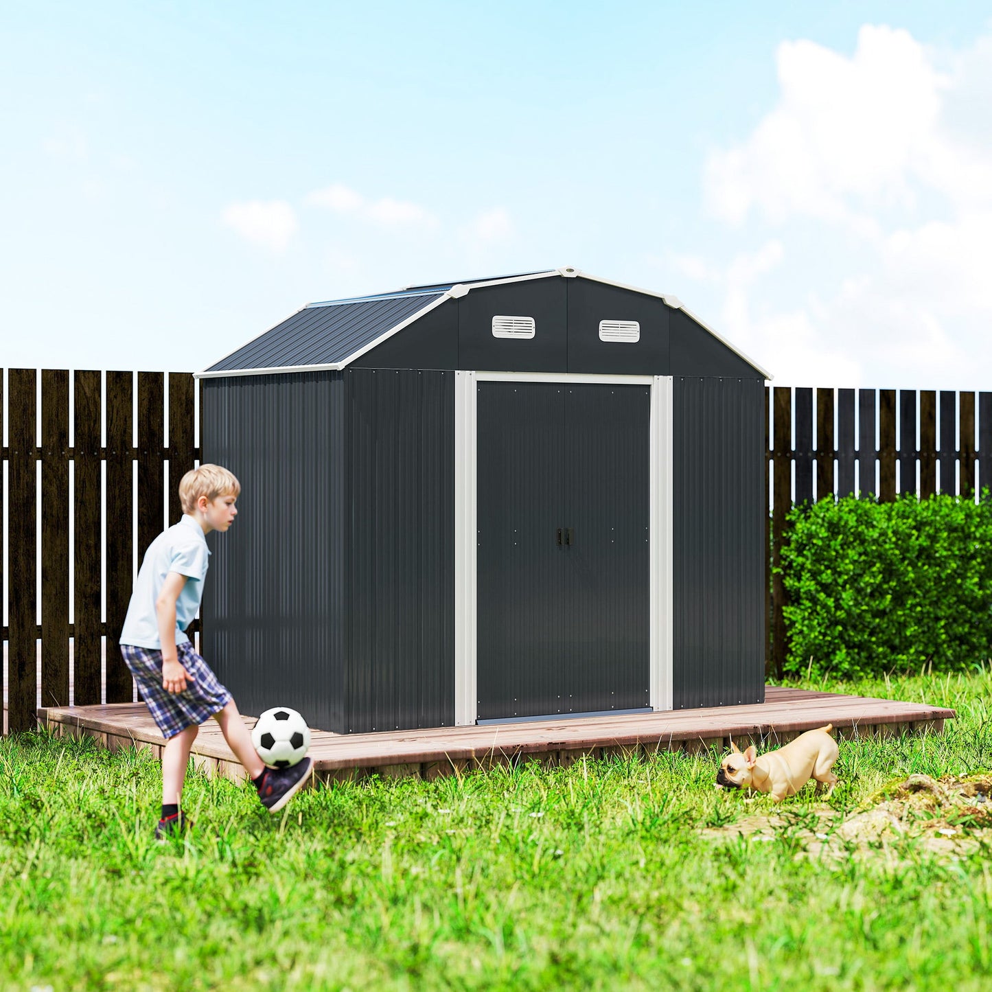 8' x 4' Galvanized Garden Shed with Adjustable Shelves and Foundation Kit, Outdoor Metal Shed with Double Sliding Doors and Vents for Lawn, Patio, Dark Grey