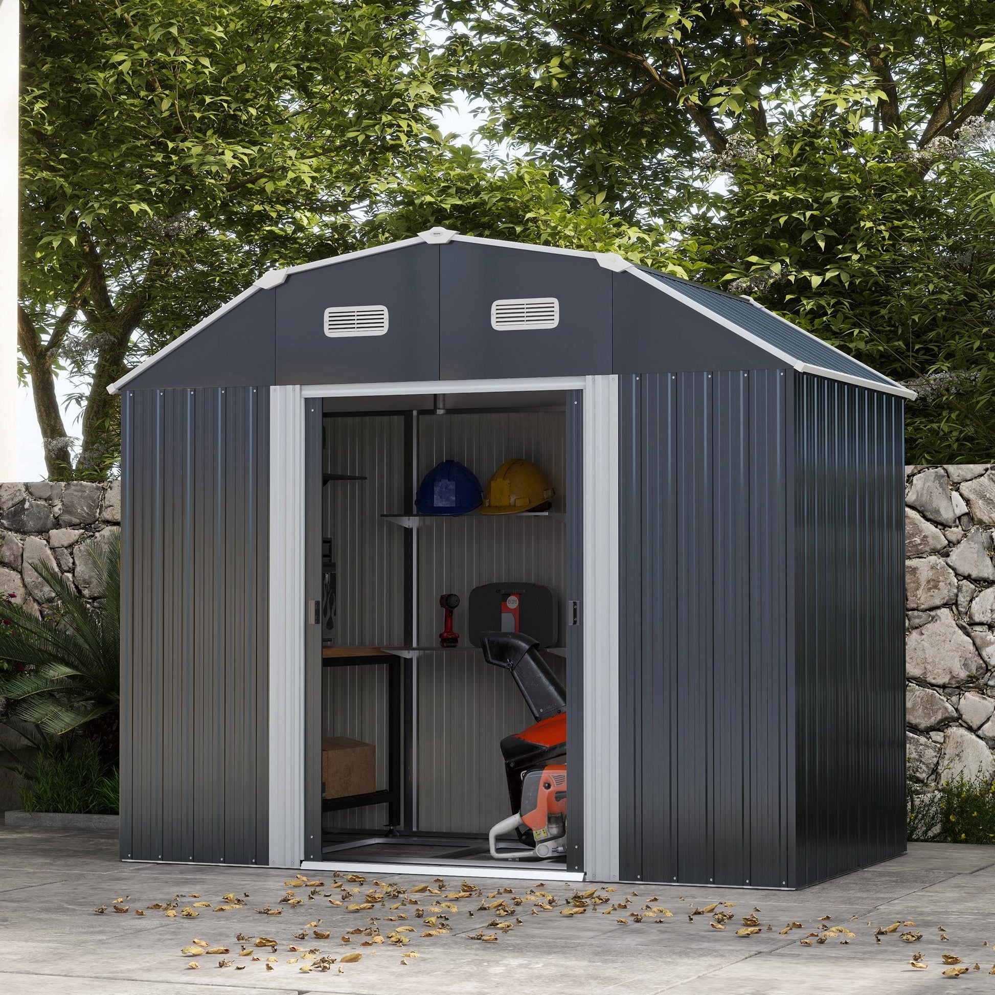 8' x 4' Galvanized Garden Shed with Adjustable Shelves and Foundation Kit, Outdoor Metal Shed with Double Sliding Doors and Vents for Lawn, Patio, Dark Grey