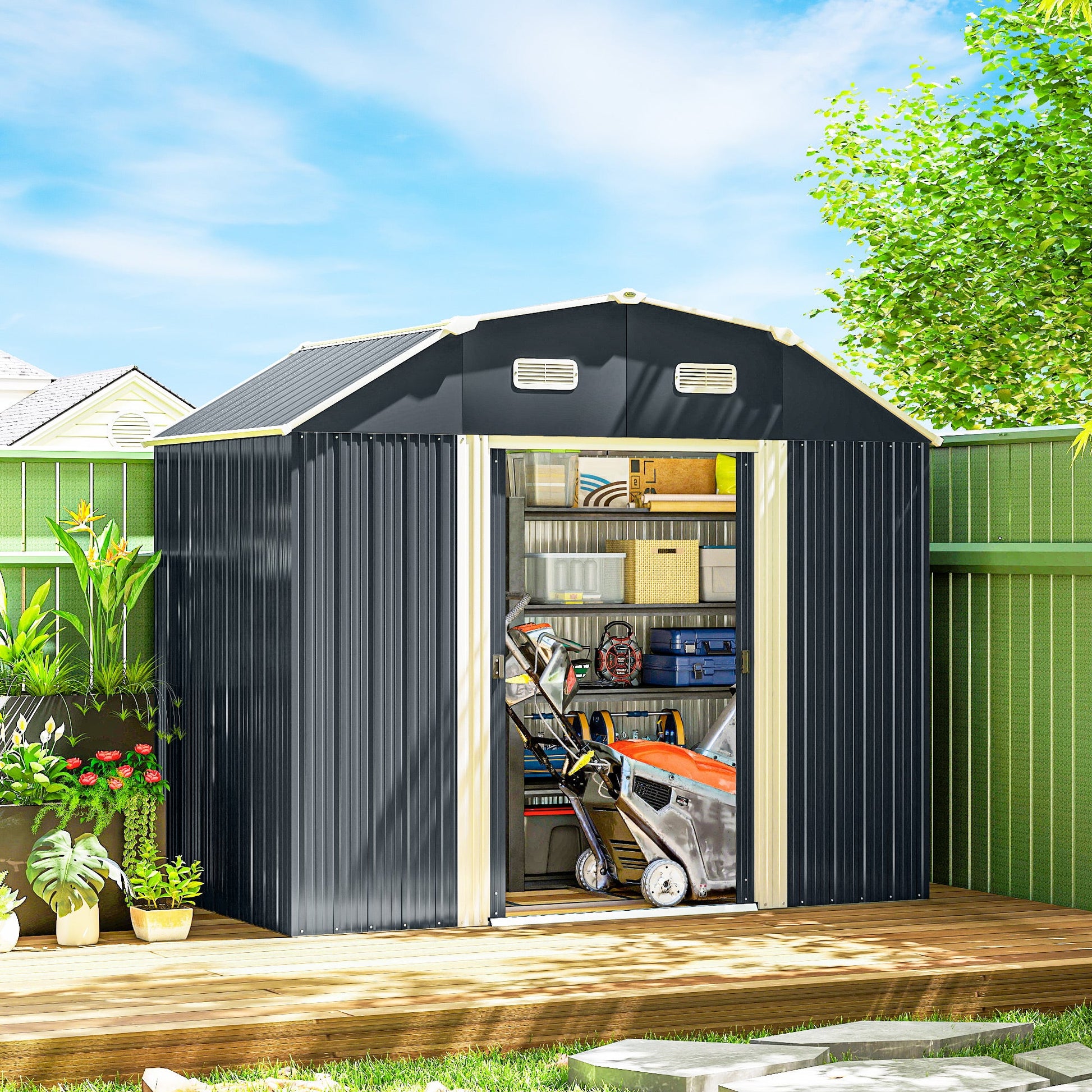 8' x 4' Galvanized Garden Shed with Adjustable Shelves and Foundation Kit, Outdoor Metal Shed with Double Sliding Doors and Vents for Lawn, Patio, Dark Grey