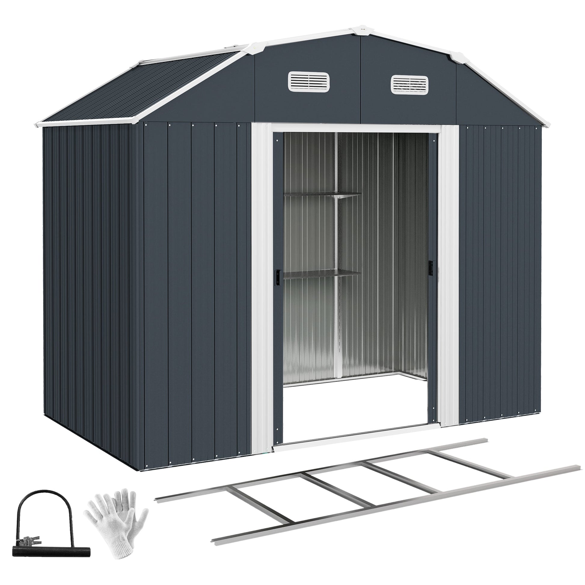 8' x 4' Galvanized Garden Shed with Adjustable Shelves and Foundation Kit, Outdoor Metal Shed with Double Sliding Doors and Vents for Lawn, Patio, Dark Grey
