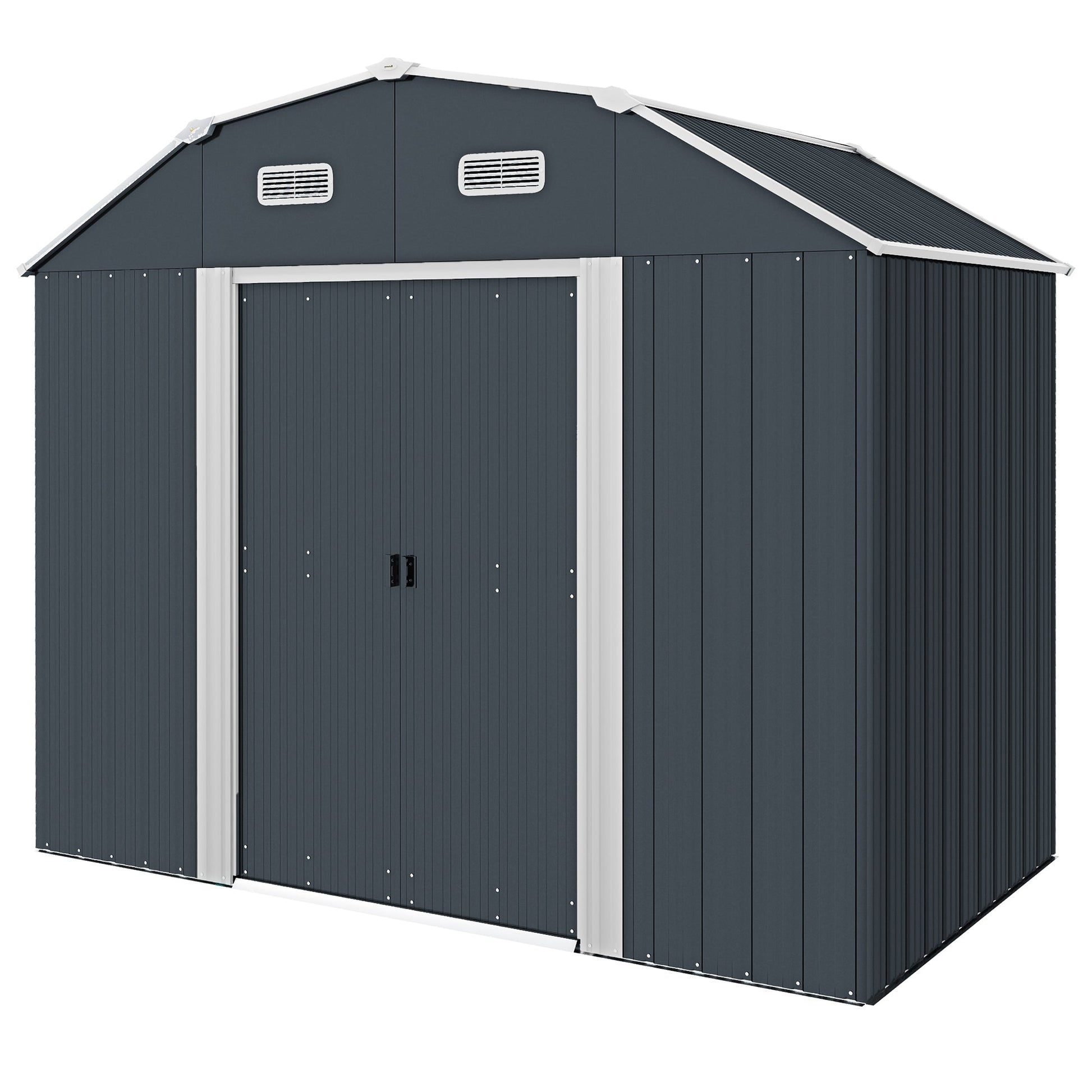 8' x 4' Galvanized Garden Shed with Adjustable Shelves and Foundation Kit, Outdoor Metal Shed with Double Sliding Doors and Vents for Lawn, Patio, Dark Grey
